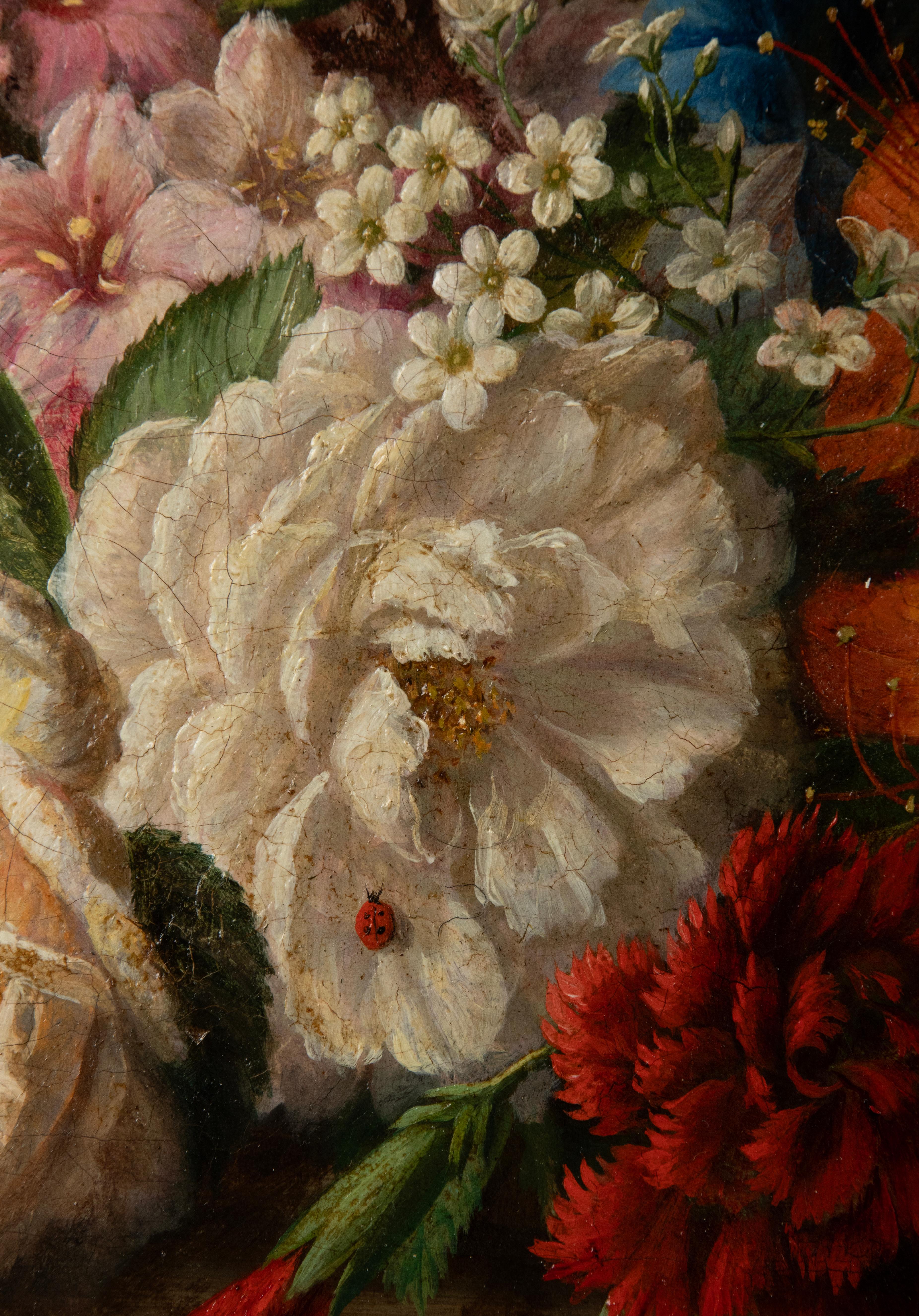 Gesso Antique Oil Painting - Renaissance Style Flower Still Life - V. de Sartorius