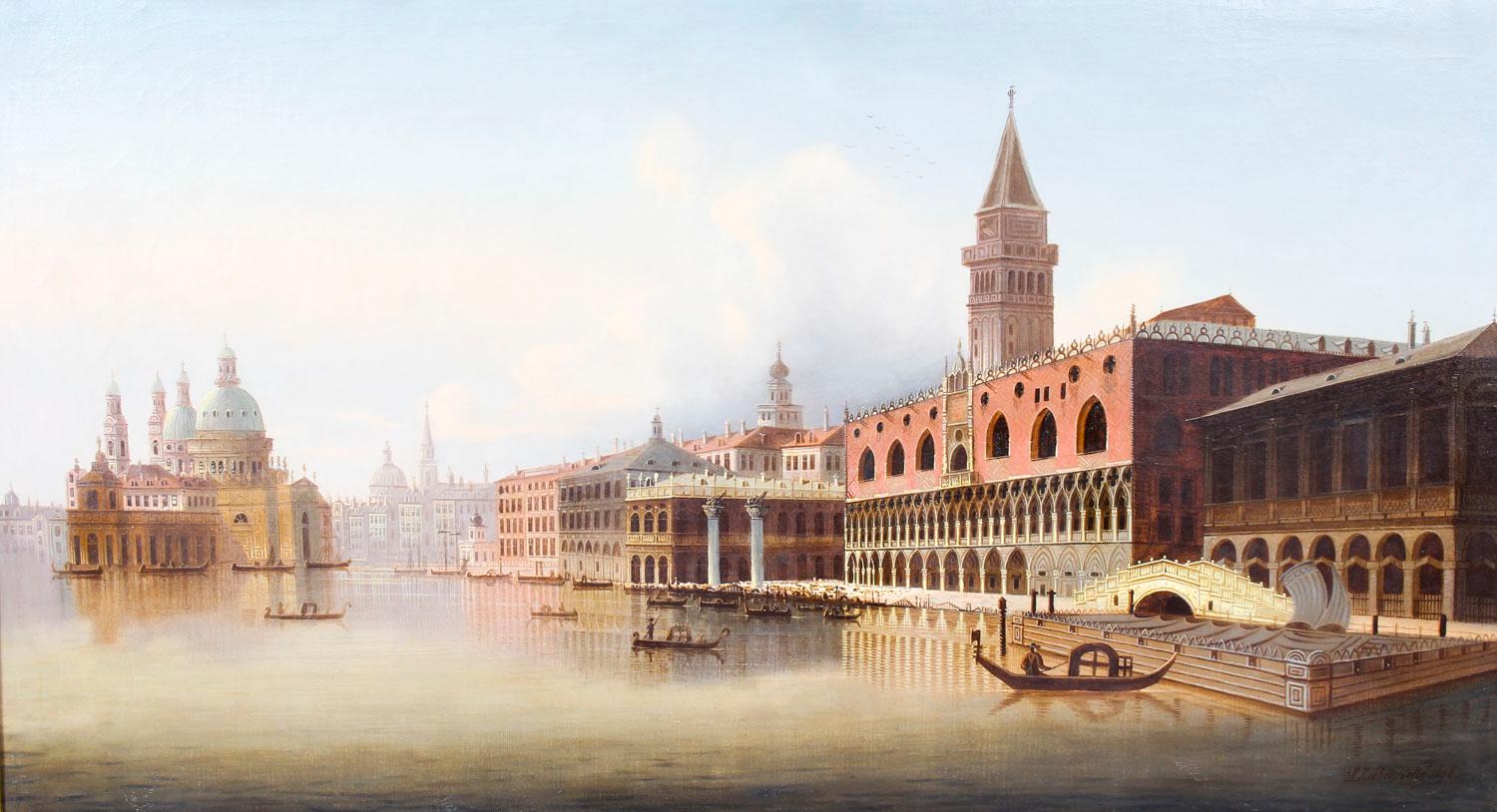 This beautiful landscape captures a striking view of the of the Riva degli Schiavoni by Vavrinec Zabehlicky, signed and dated 1878, lower right.

It features a busy scene with figures on gondolas and sailing boats on the lagoon with the panorama