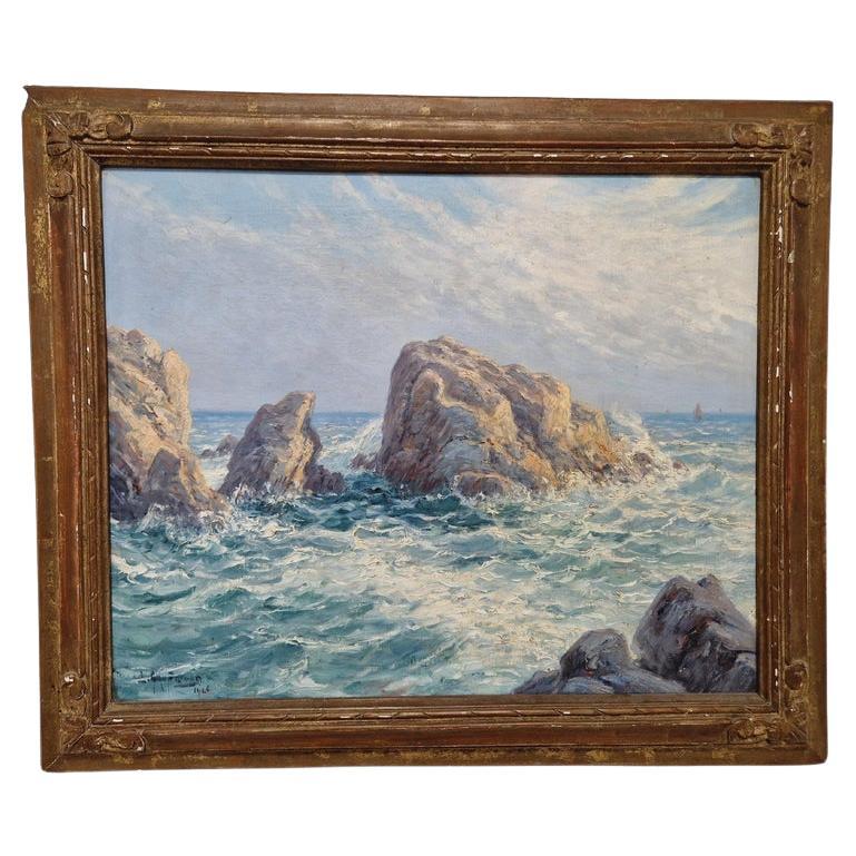 Antique Oil Painting Rocky Coastline by Emile Gauffriaud