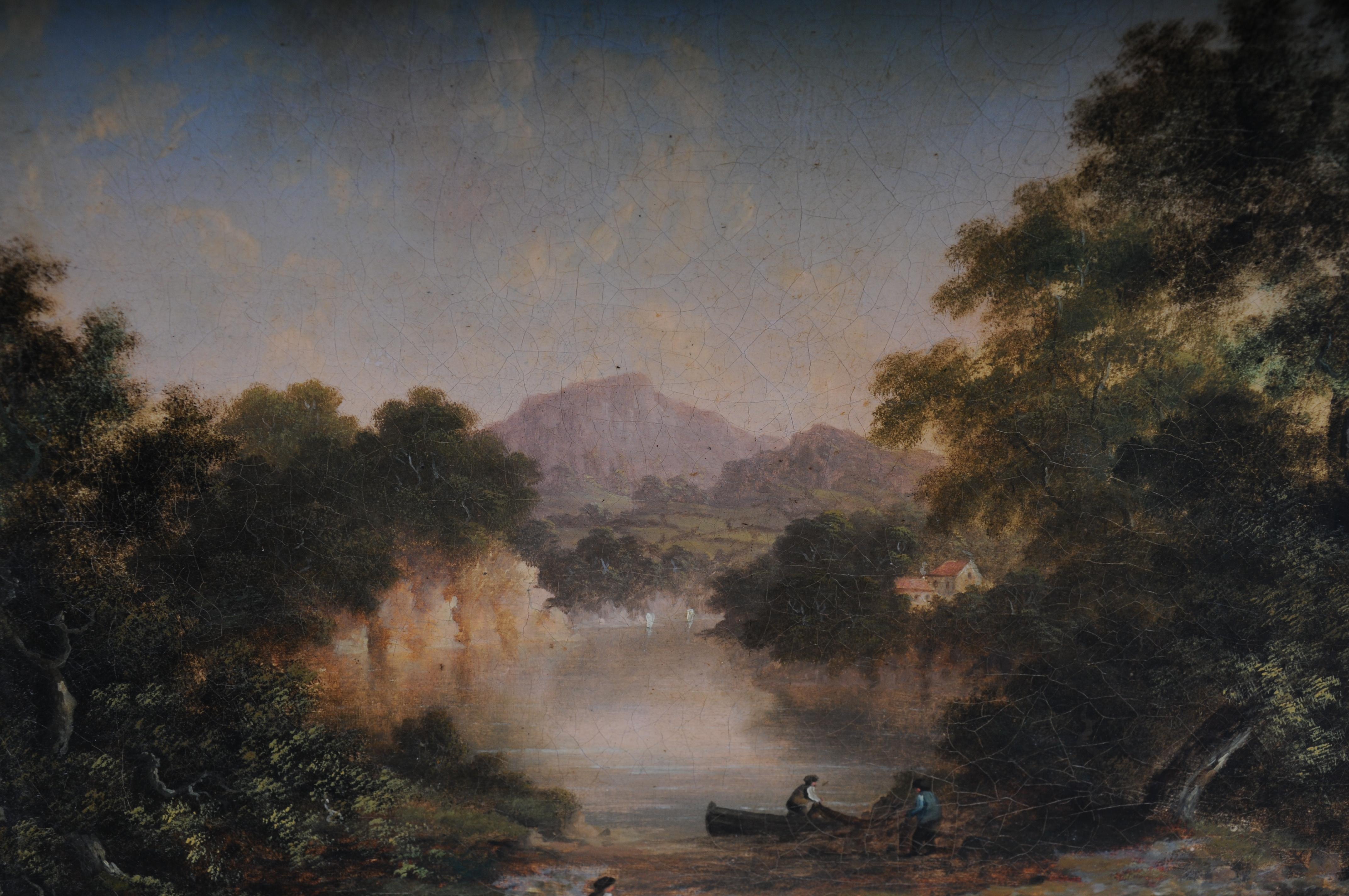 Antique oil painting romance landscape painting. 19th century For Sale 7