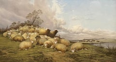 Peinture à l'huile ancienne Mouton dans un paysage par D&H. Vanneuse