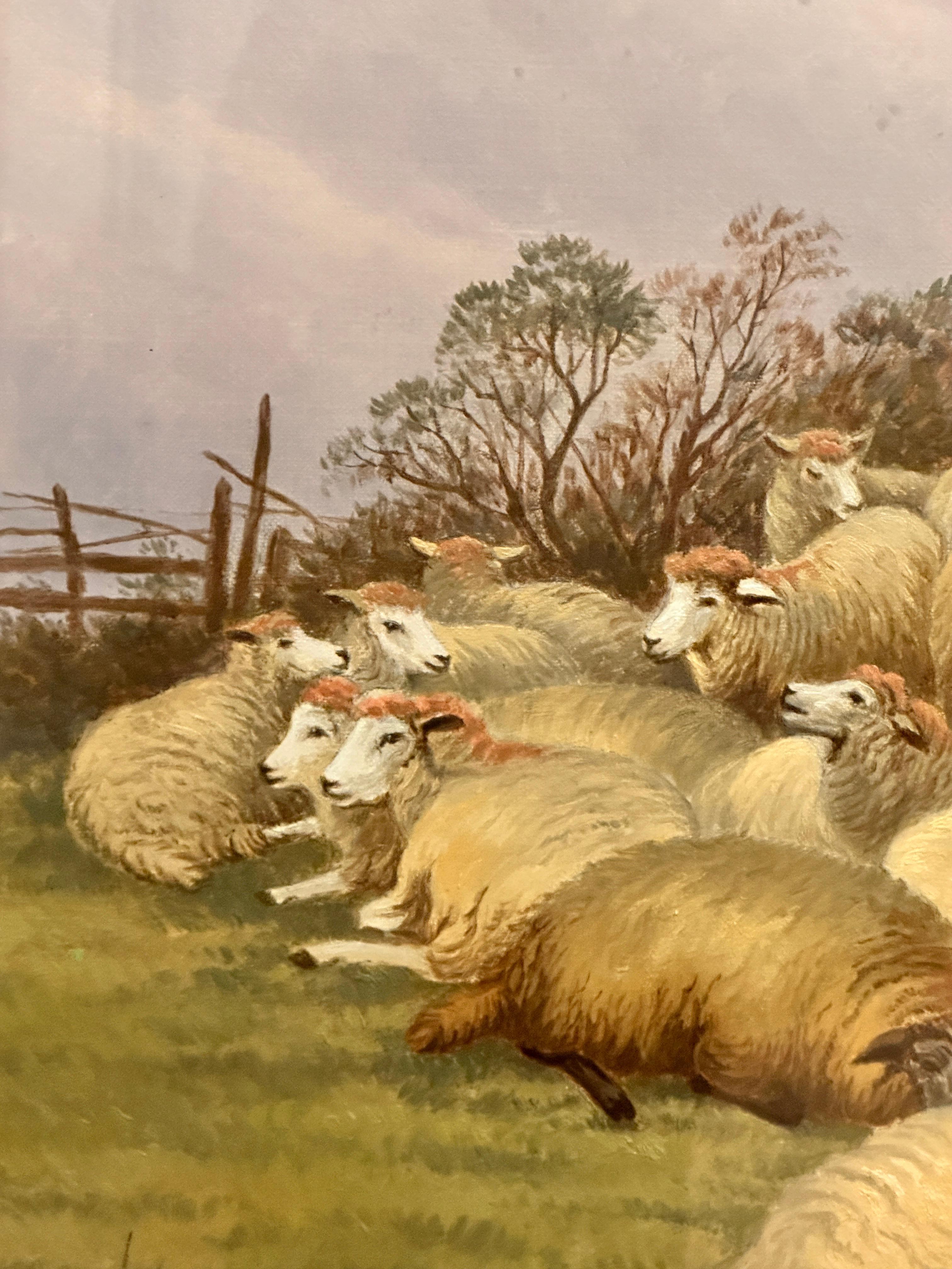 Óleo antiguo Oveja en paisaje de D. H. Bobinador Dorado en venta