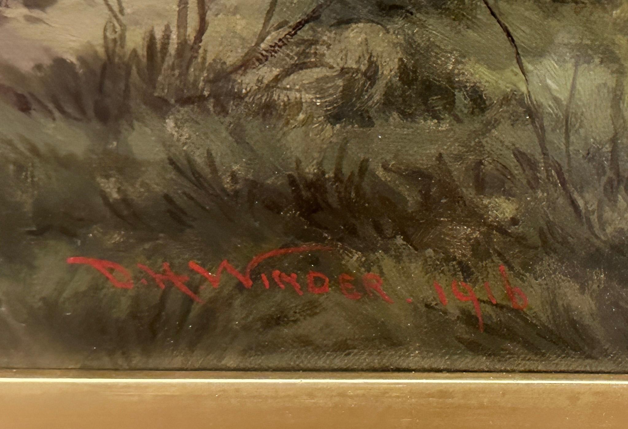 Óleo antiguo Oveja en paisaje de D. H. Bobinador siglo XX en venta