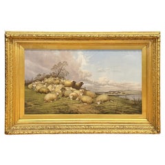 Peinture à l'huile ancienne Mouton dans un paysage par D&H. Vanneuse
