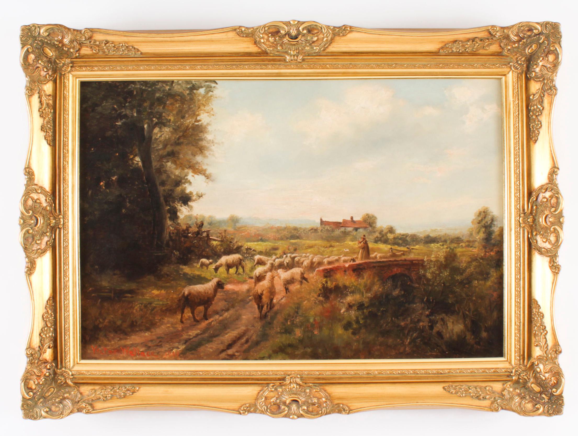 Antique Oil Painting Sheperd & Flock by Victor Wallace Dated 1901 9