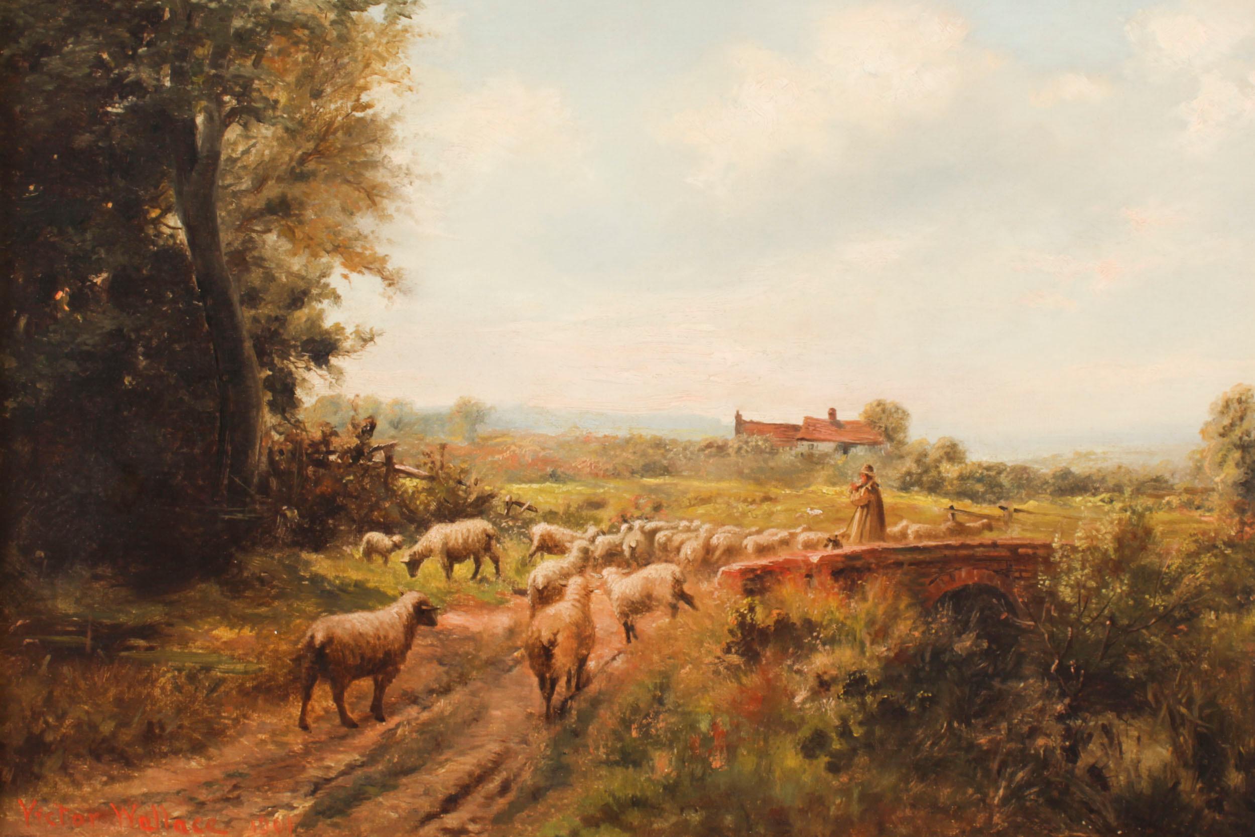 A shepherd and his flock crossing a stone bridge, by Victor Wallace, signed and dated 1901 lower left.
 
The painting delightfully presents a rustic landscape with a shepherd and his flock of sheep crossing a stone bridge with a stone cottage and a
