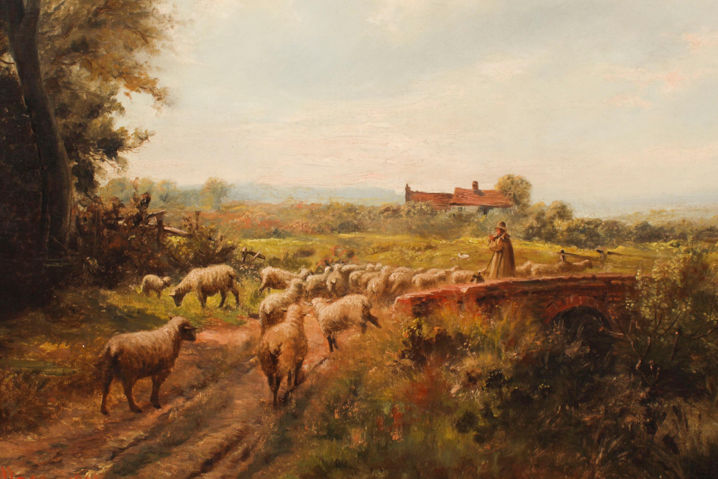Antique Oil Painting Sheperd & Flock by Victor Wallace Dated 1901 In Good Condition In London, GB
