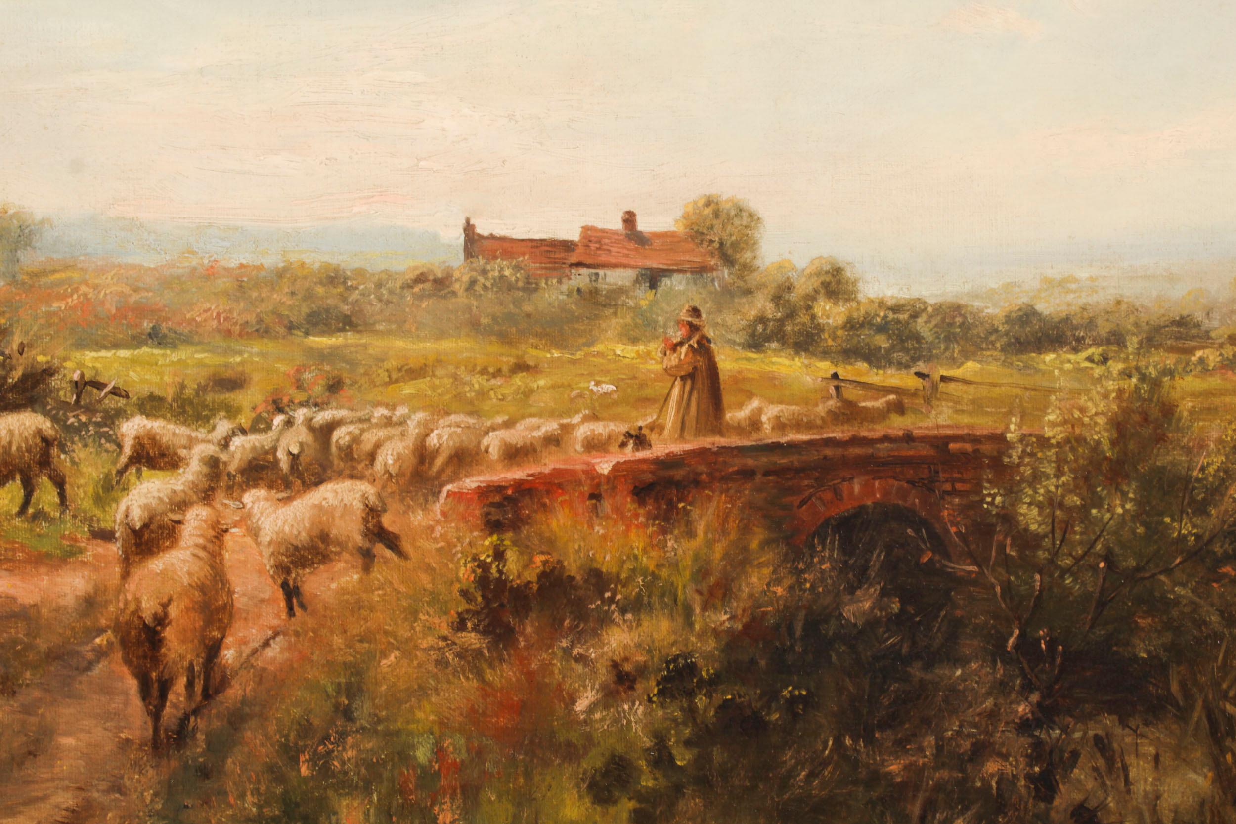 Début du 20ème siècle Peinture à l'huile ancienne Sheperd & Flock de Victor Wallace datée de 1901
