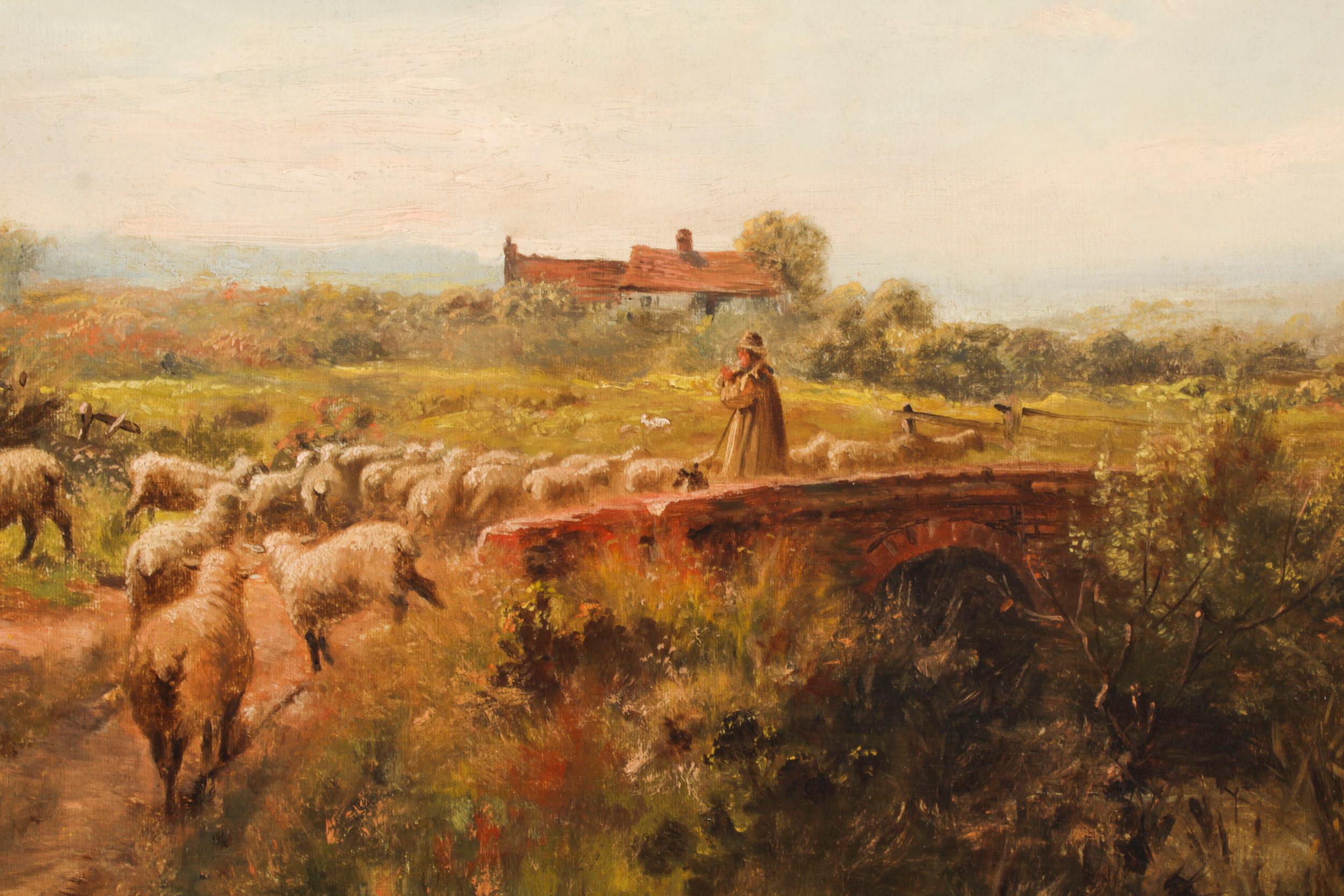 Antique Oil Painting Sheperd & Flock by Victor Wallace Dated 1901 In Good Condition In London, GB