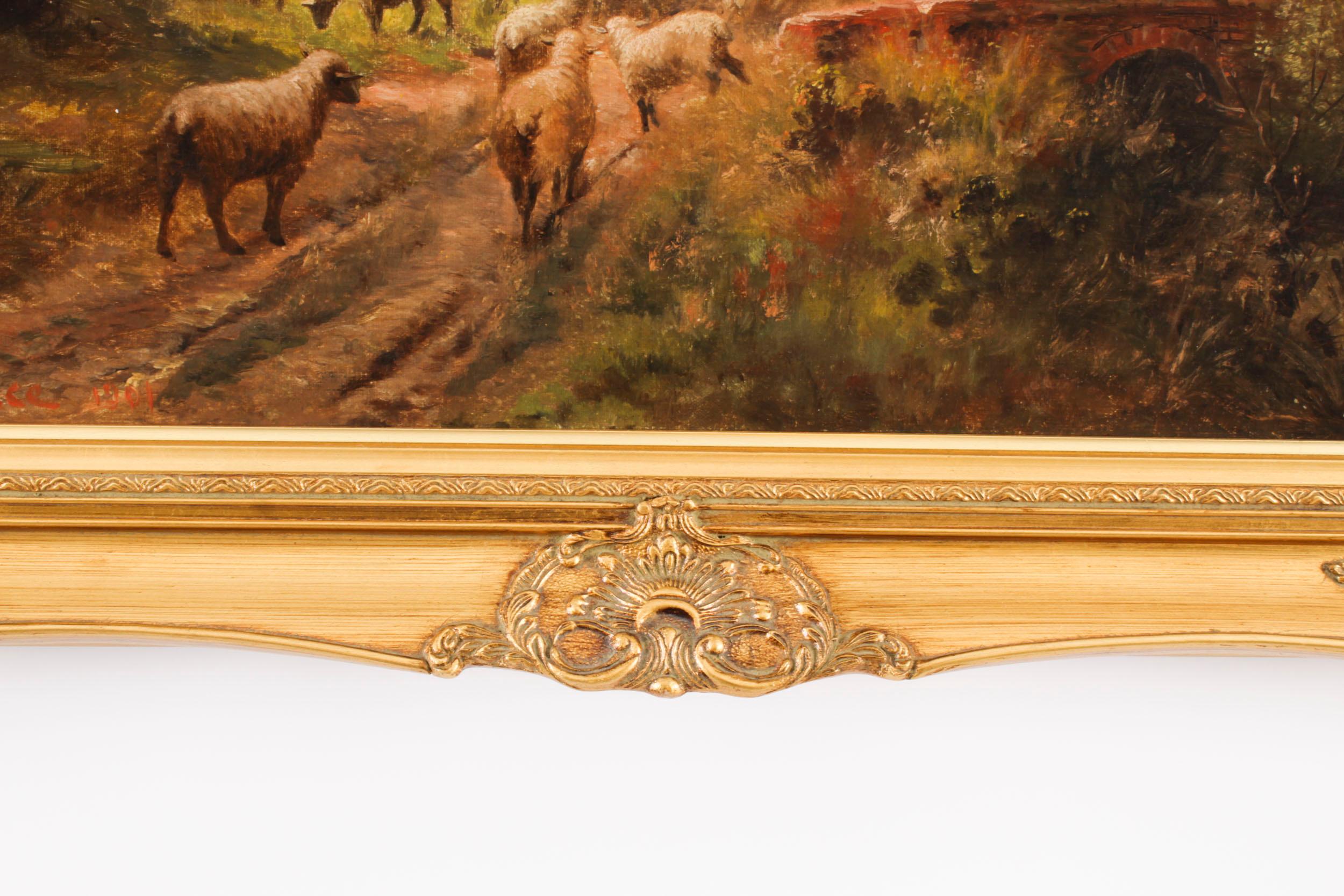 Canvas Antique Oil Painting Sheperd & Flock by Victor Wallace Dated 1901