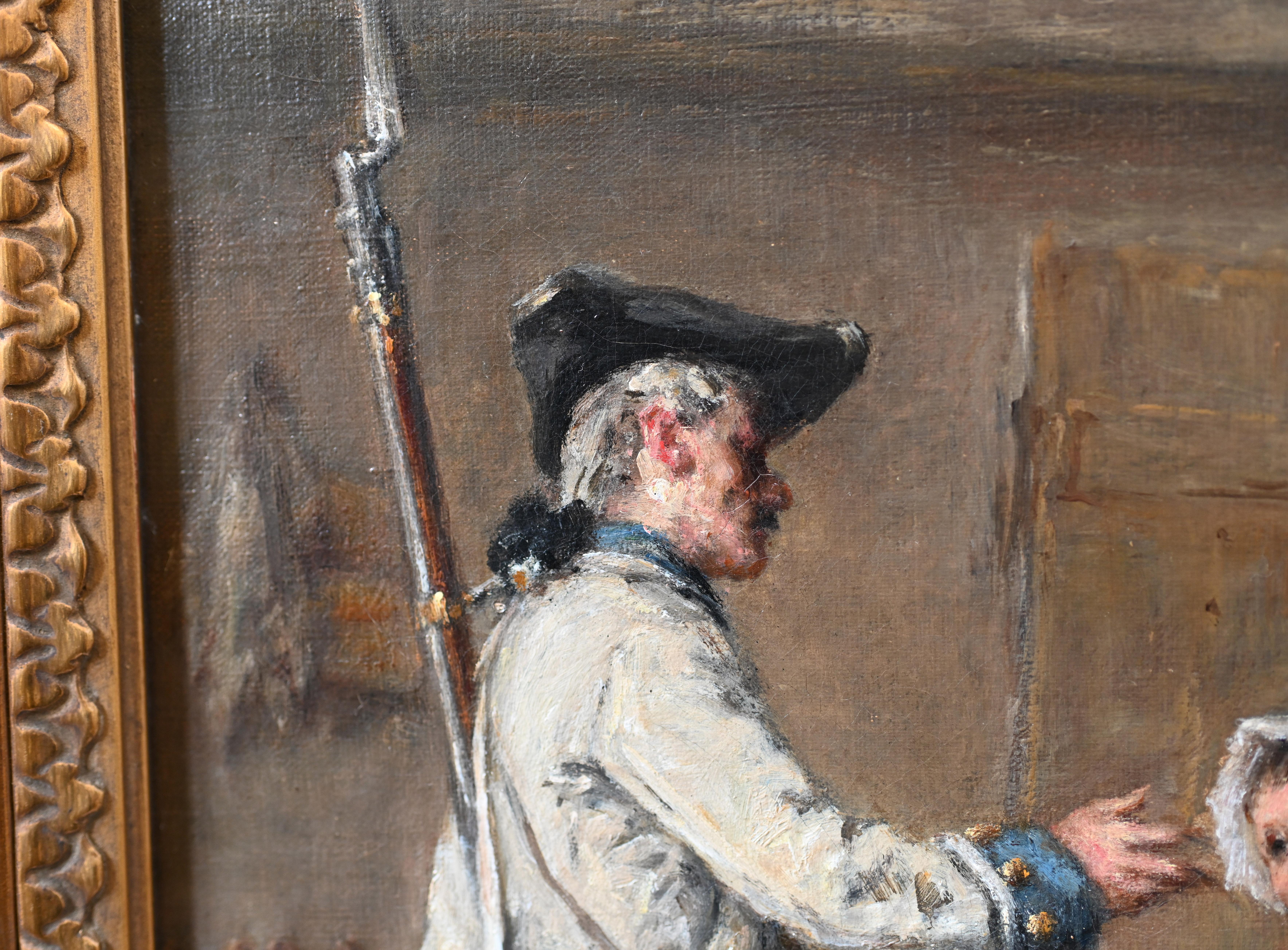 Antique Oil Painting Signed Dansaert Soldier Homecoming Portrait For Sale 2