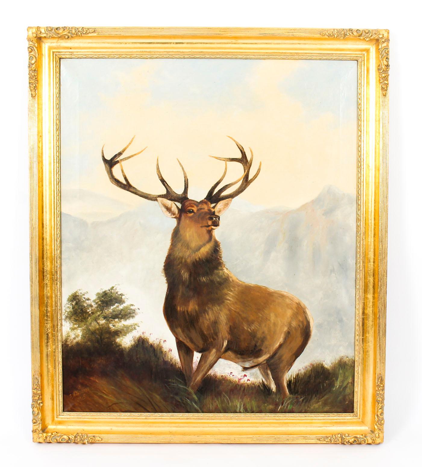 Antique Oil Painting Stag by Edward Henry Windred Signed and Dated 1915 6