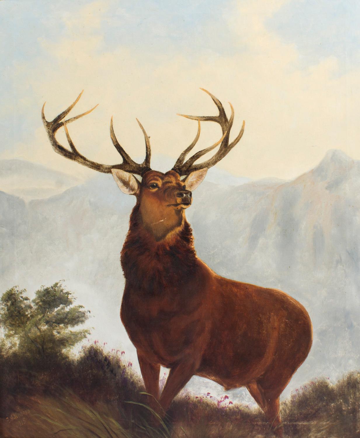 This is a beautiful large antique oil on canvas painting of a stag by Edward Henry Windred (1875-1953), signed and dated 1915, lower left.

The painting features a large red deer at the top of a steep ridge in the Highlands of Scotland.

The