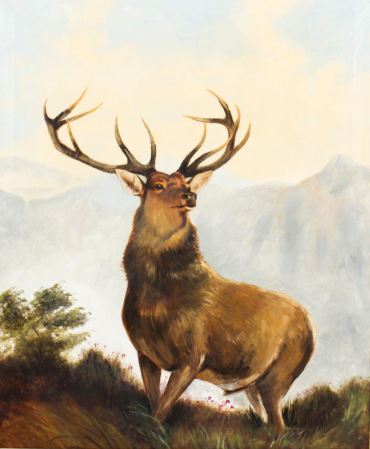 This is a beautiful large antique oil on canvas painting of a stag by Edward Henry Windred (1875-1953), signed and dated 1915, lower left.

The painting features a large red deer at the top of a steep ridge in the Highlands of Scotland.

The