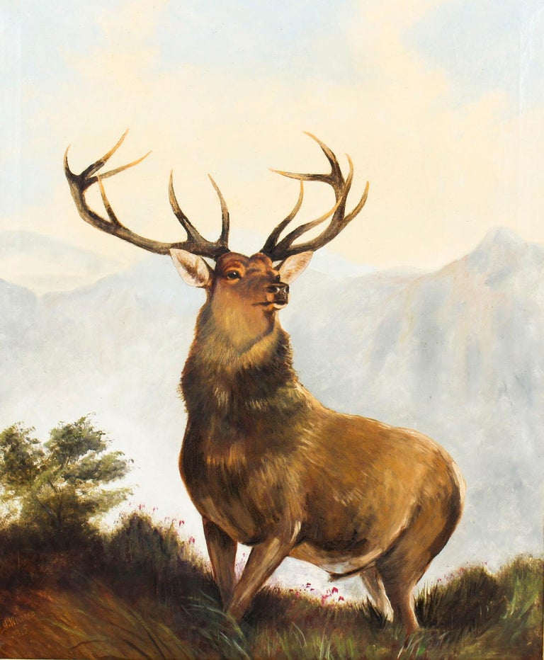 Antique Oil Painting Stag by Edward Henry Windred Signed and Dated 1915