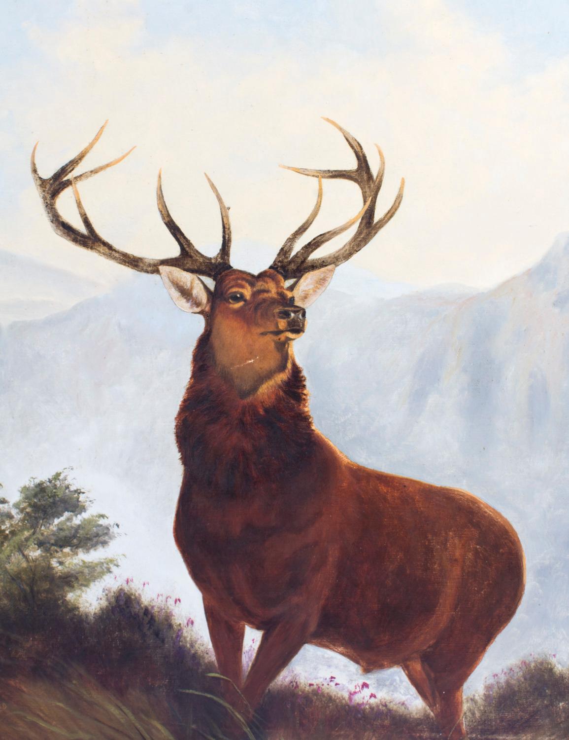English Antique Oil Painting Stag by Edward Henry Windred Signed and Dated 1915