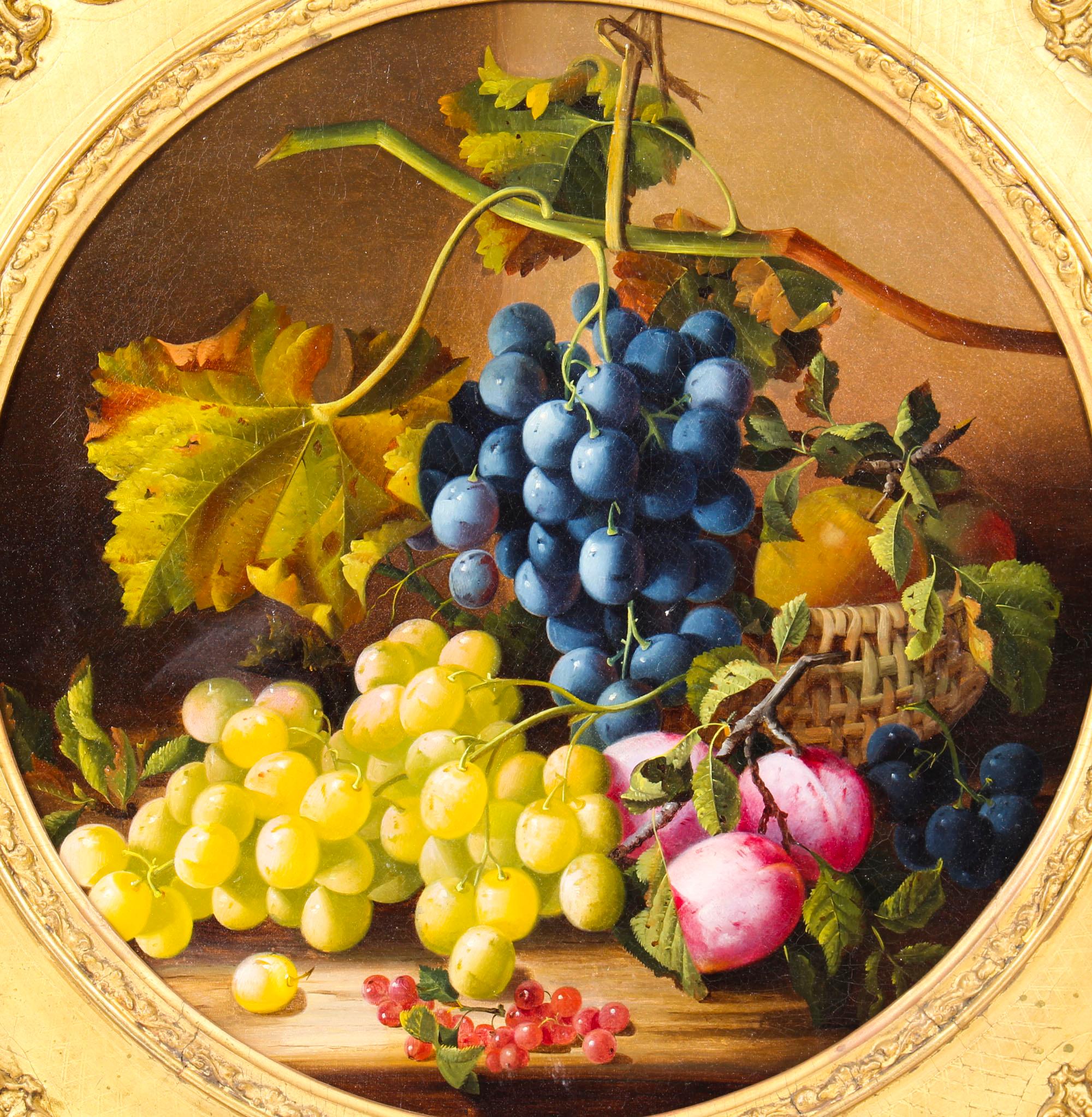 This is a truly magnificent antique Victorian still life oil on canvas painting titled 'A Fruit Piece' and attributed to the British female artist, Maria Margitson (1832-1896), and circa 1870 in date. 

This stunning still life is circular in