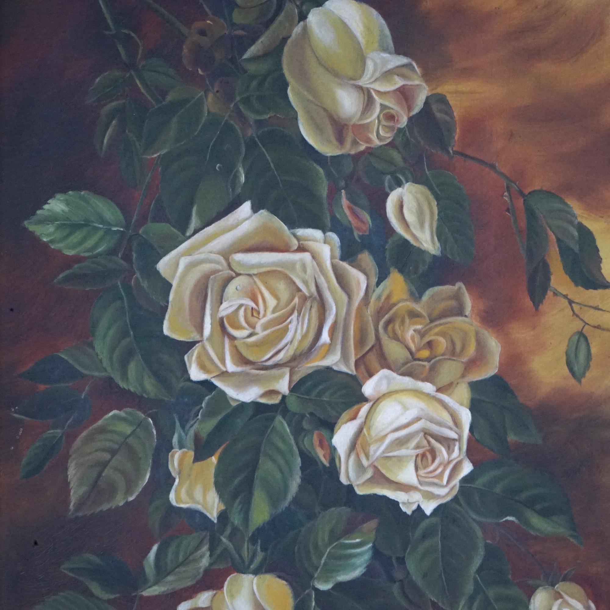 An antique painting offers oil on canvas still life with roses, seated in giltwood frame, unsigned, c1880

Measures- 42.5''H x 22''W x 2.5''D overall; 36''H x 16'' sight.