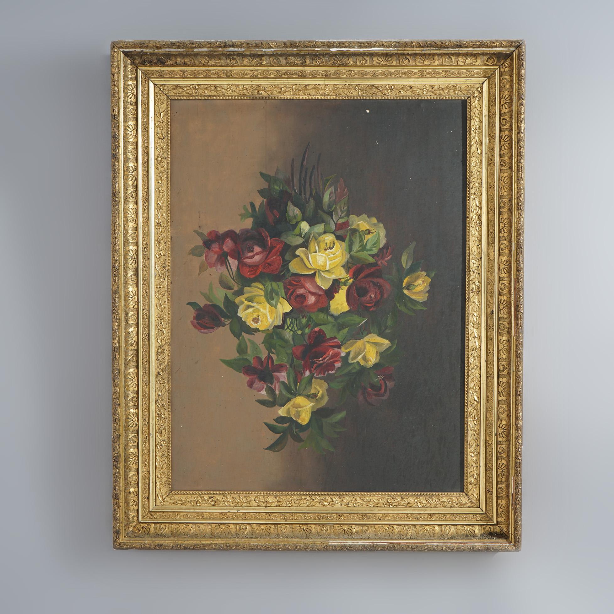 Un tableau ancien offre une nature morte à l'huile sur toile avec des roses, assis dans un cadre en bois doré, c1890

Dimensions - 40