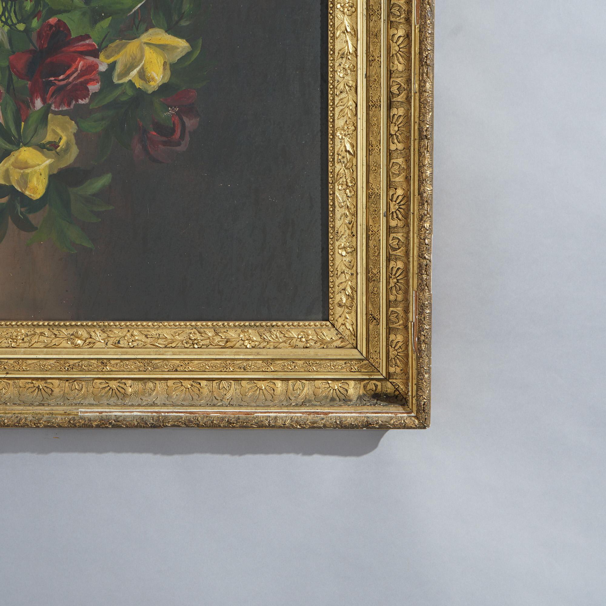 Hand-Painted Antique Oil Painting, Still Life with Roses, Circa 1890 For Sale