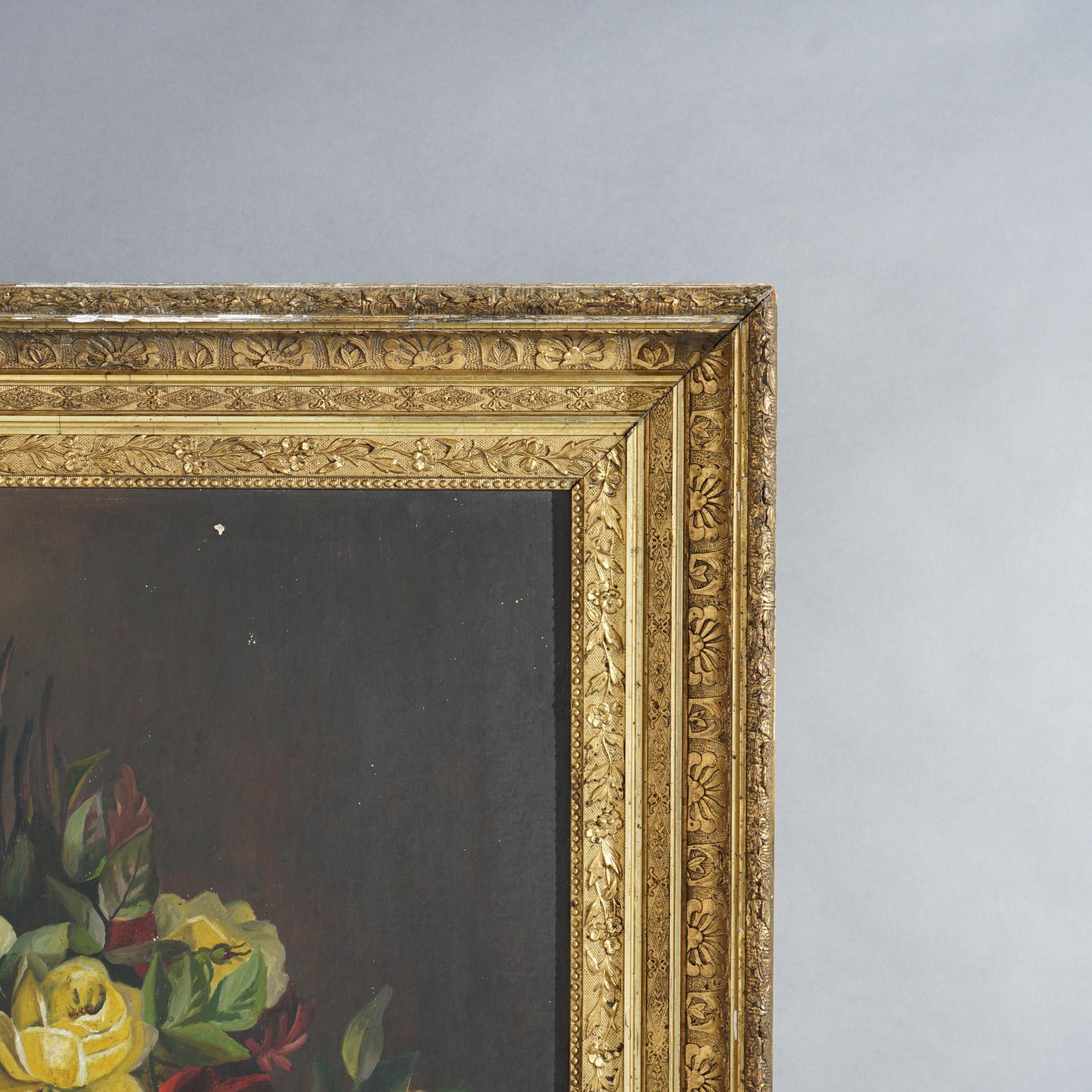 Canvas Antique Oil Painting, Still Life with Roses, Circa 1890 For Sale