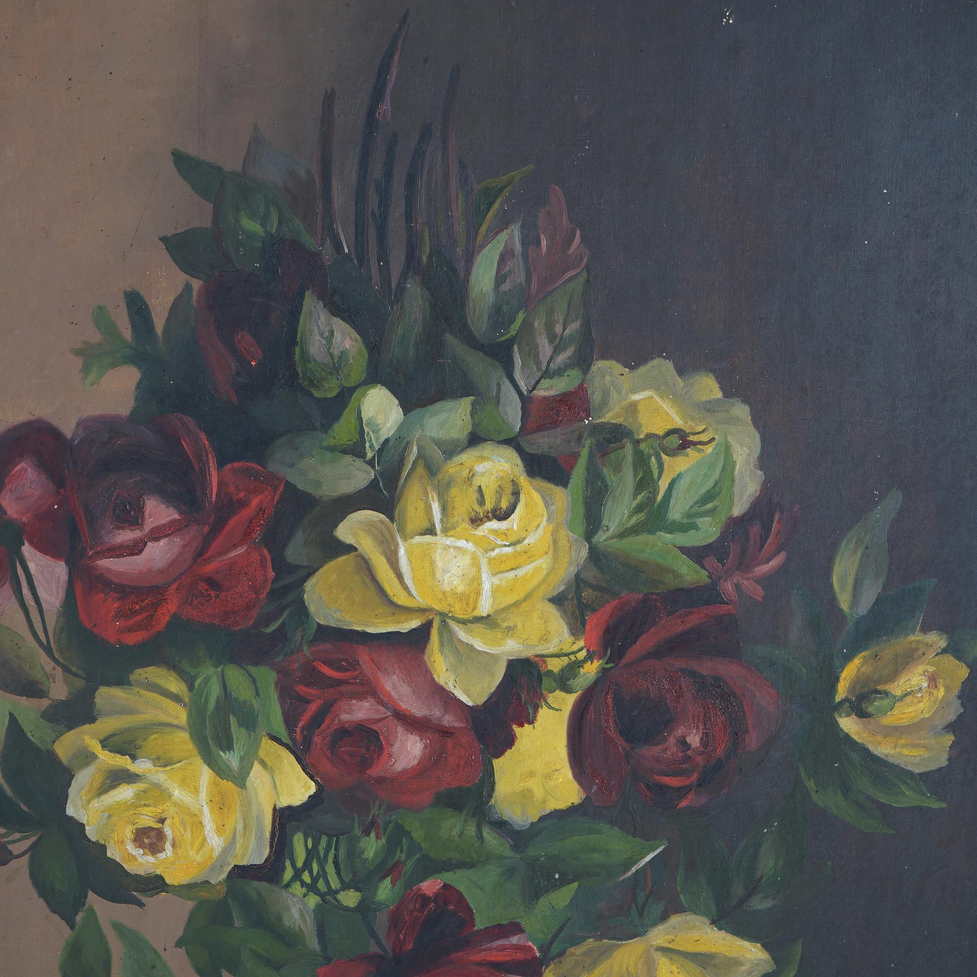 Peinture à l'huile ancienne, Nature morte aux roses, Circa 1890 1