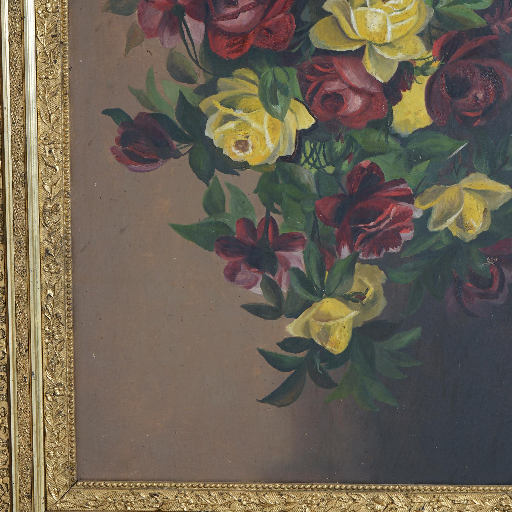 Peinture à l'huile ancienne, Nature morte aux roses, Circa 1890 2
