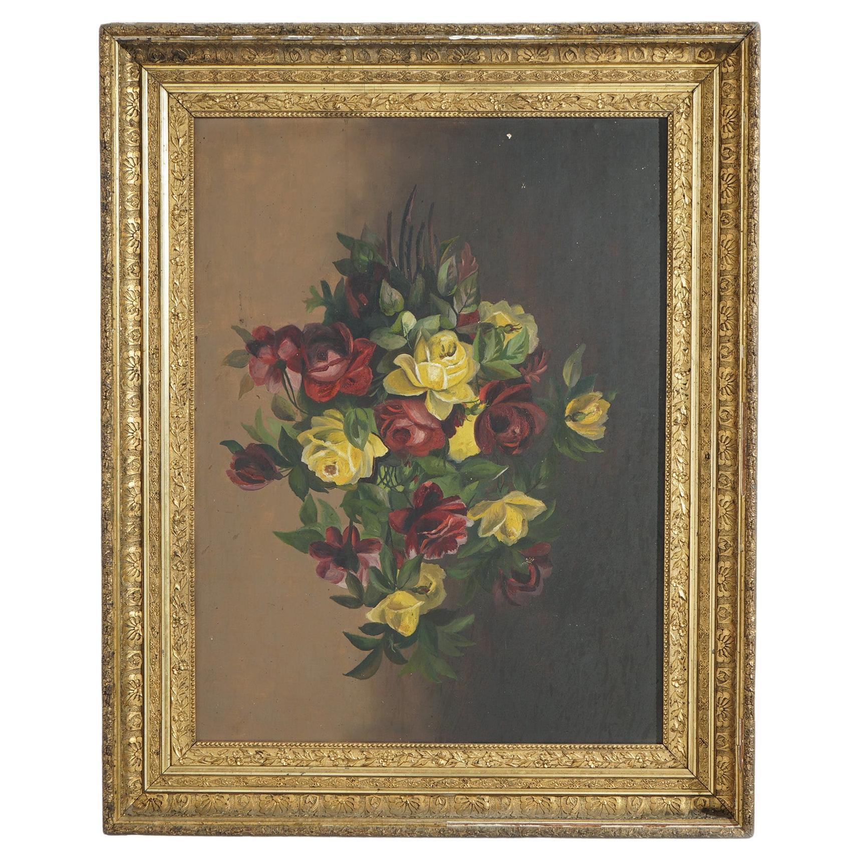 Antique Oil Painting, Still Life with Roses, Circa 1890 For Sale