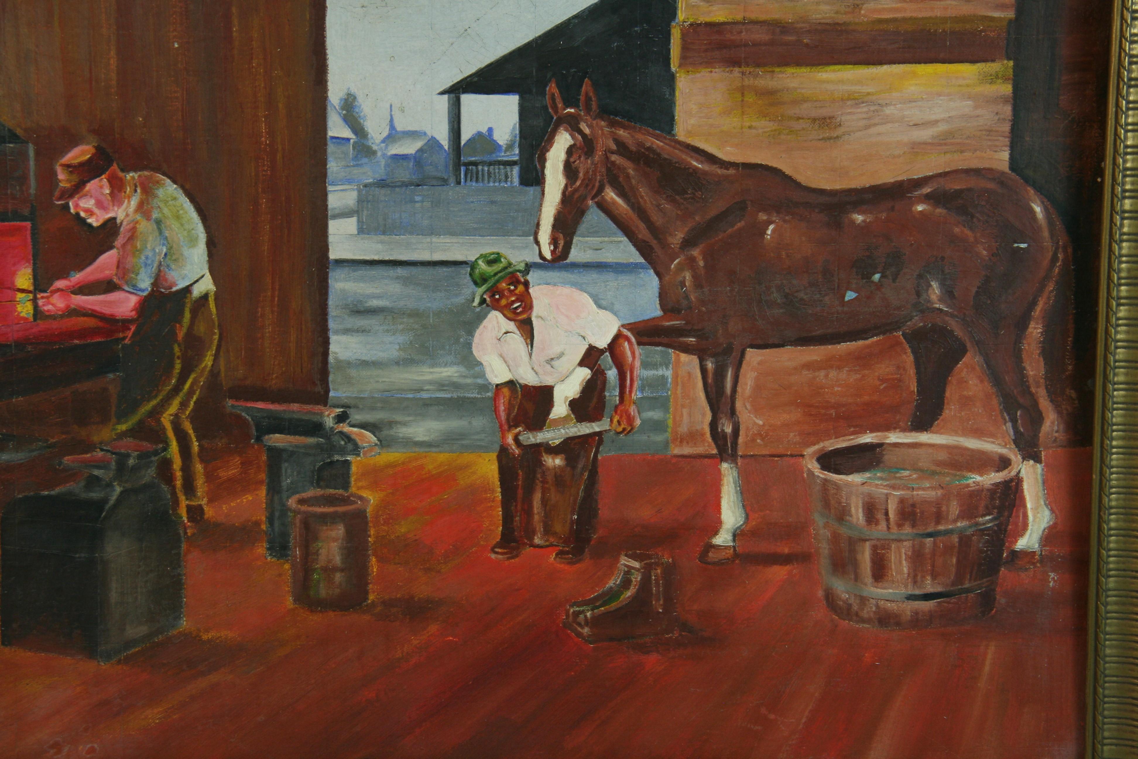Pittura ad olio antica Il vecchio Sud  Negozio di fabbro  1940's In condizioni buone in vendita a Douglas Manor, NY