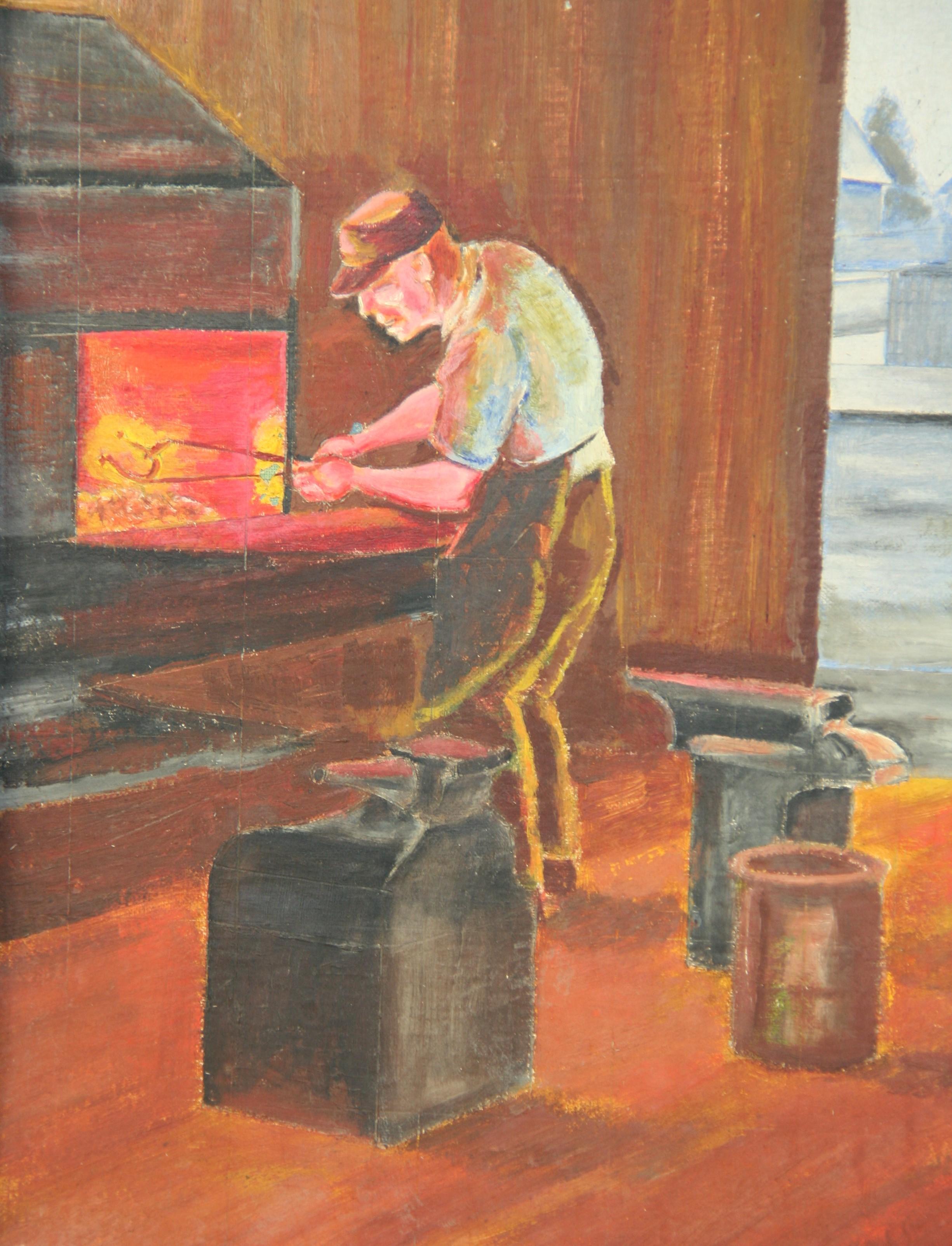 Metà XX secolo Pittura ad olio antica Il vecchio Sud  Negozio di fabbro  1940's in vendita