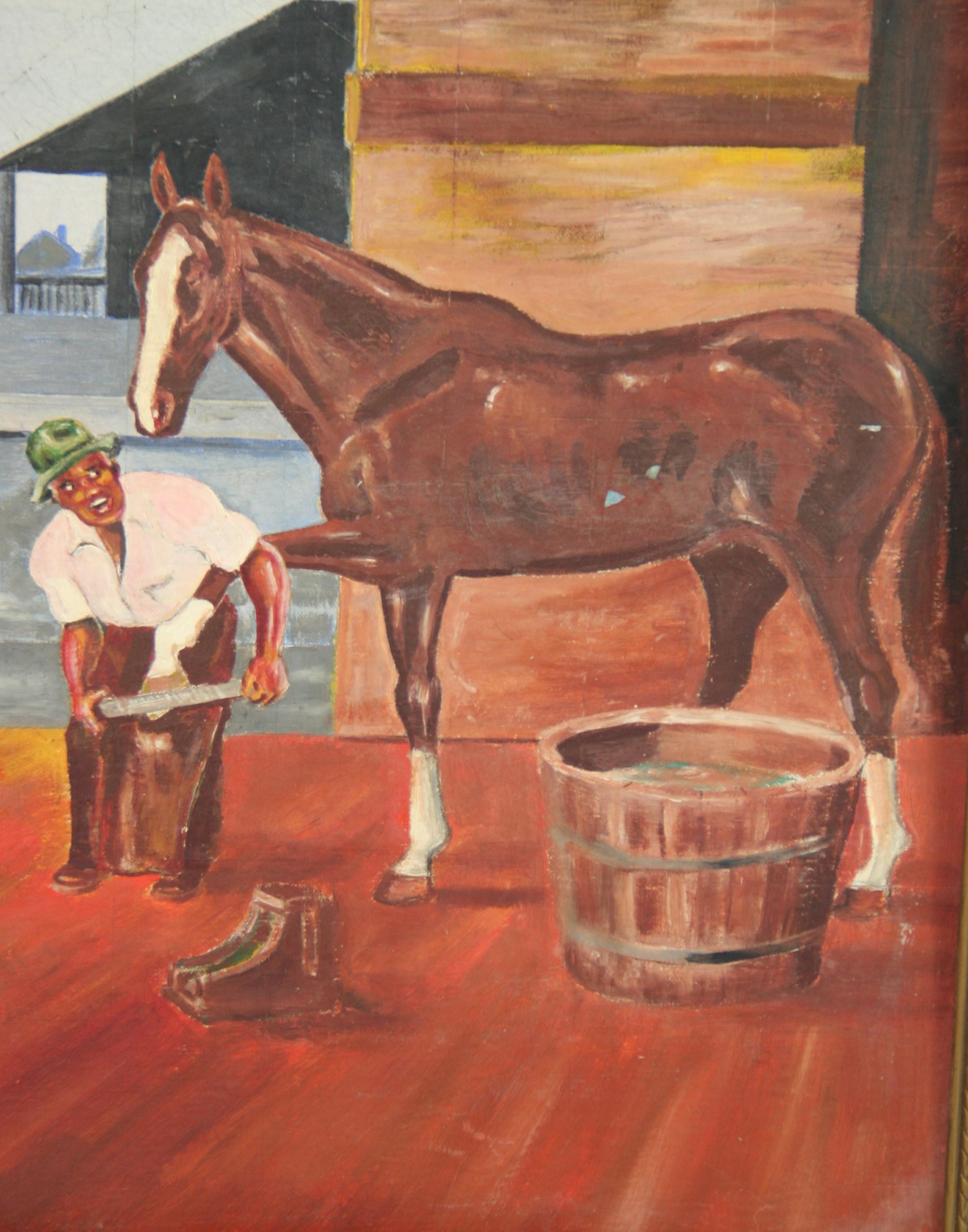 Pittura ad olio antica Il vecchio Sud  Negozio di fabbro  1940's in vendita 2