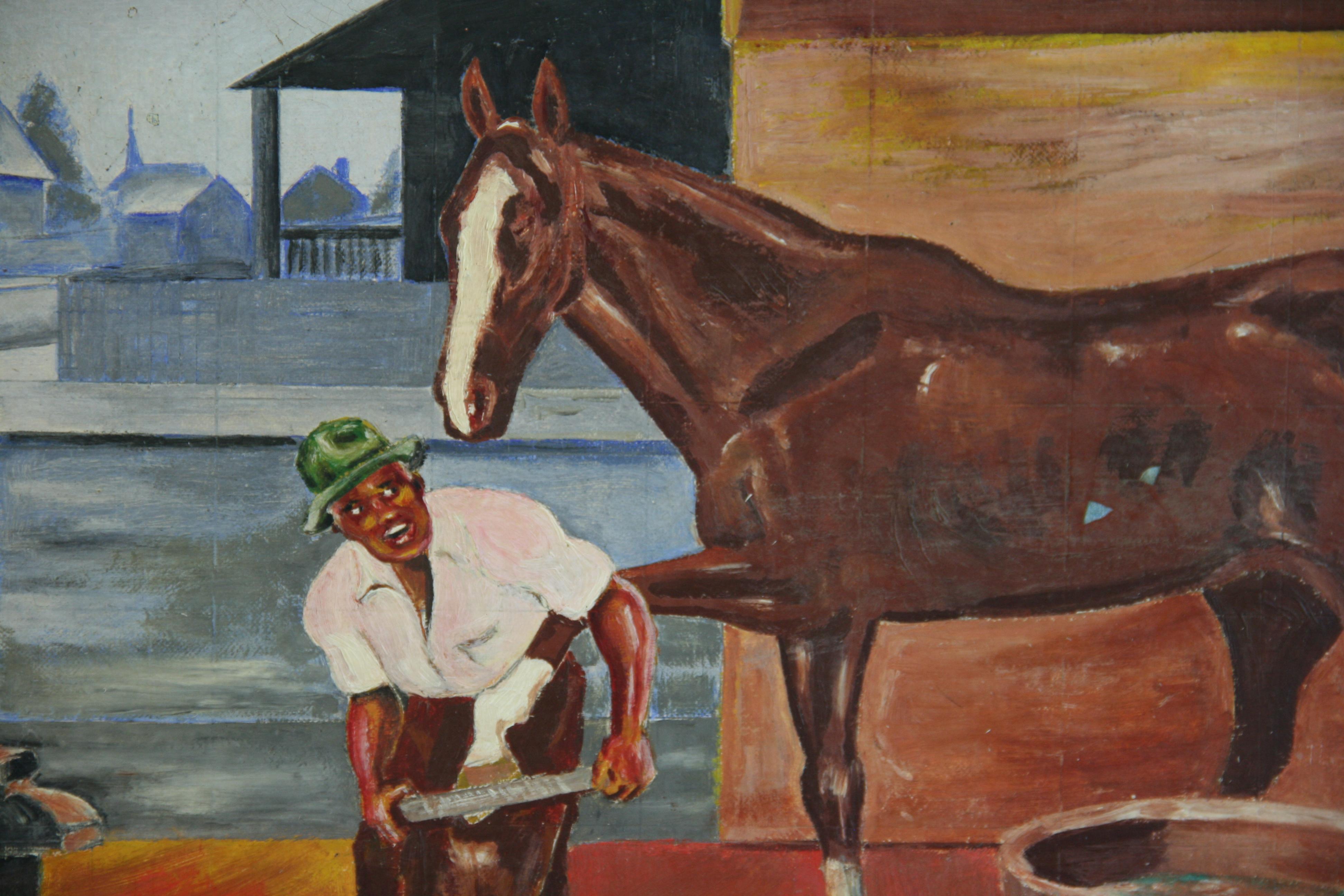 Pittura ad olio antica Il vecchio Sud  Negozio di fabbro  1940's in vendita 3