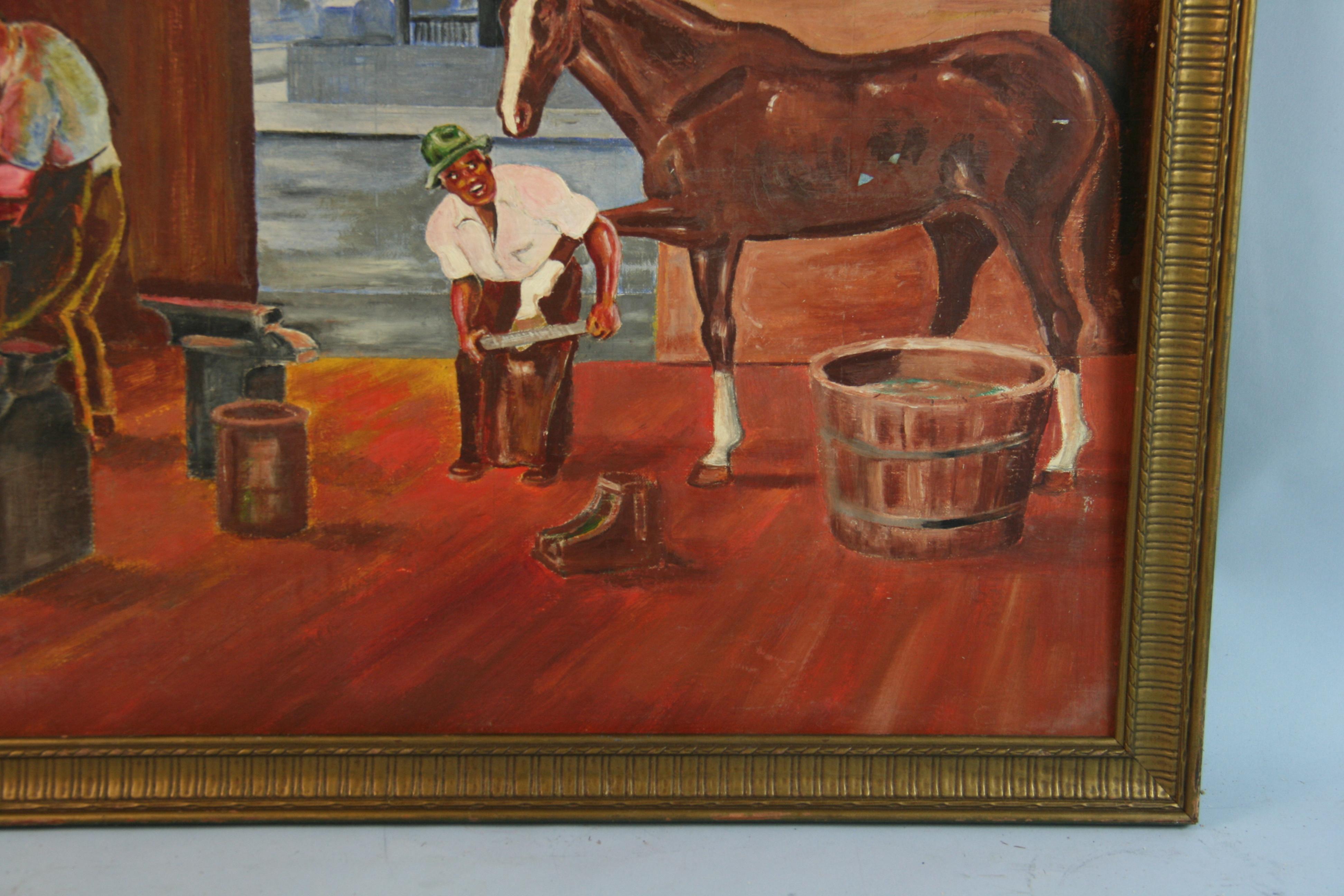 Pittura ad olio antica Il vecchio Sud  Negozio di fabbro  1940's in vendita 4