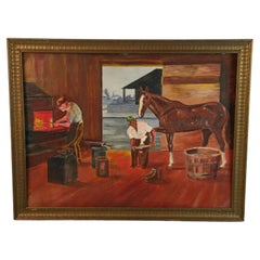 Equestrian Antique oil Painting The Old South  Blacksmith Shop  1940's