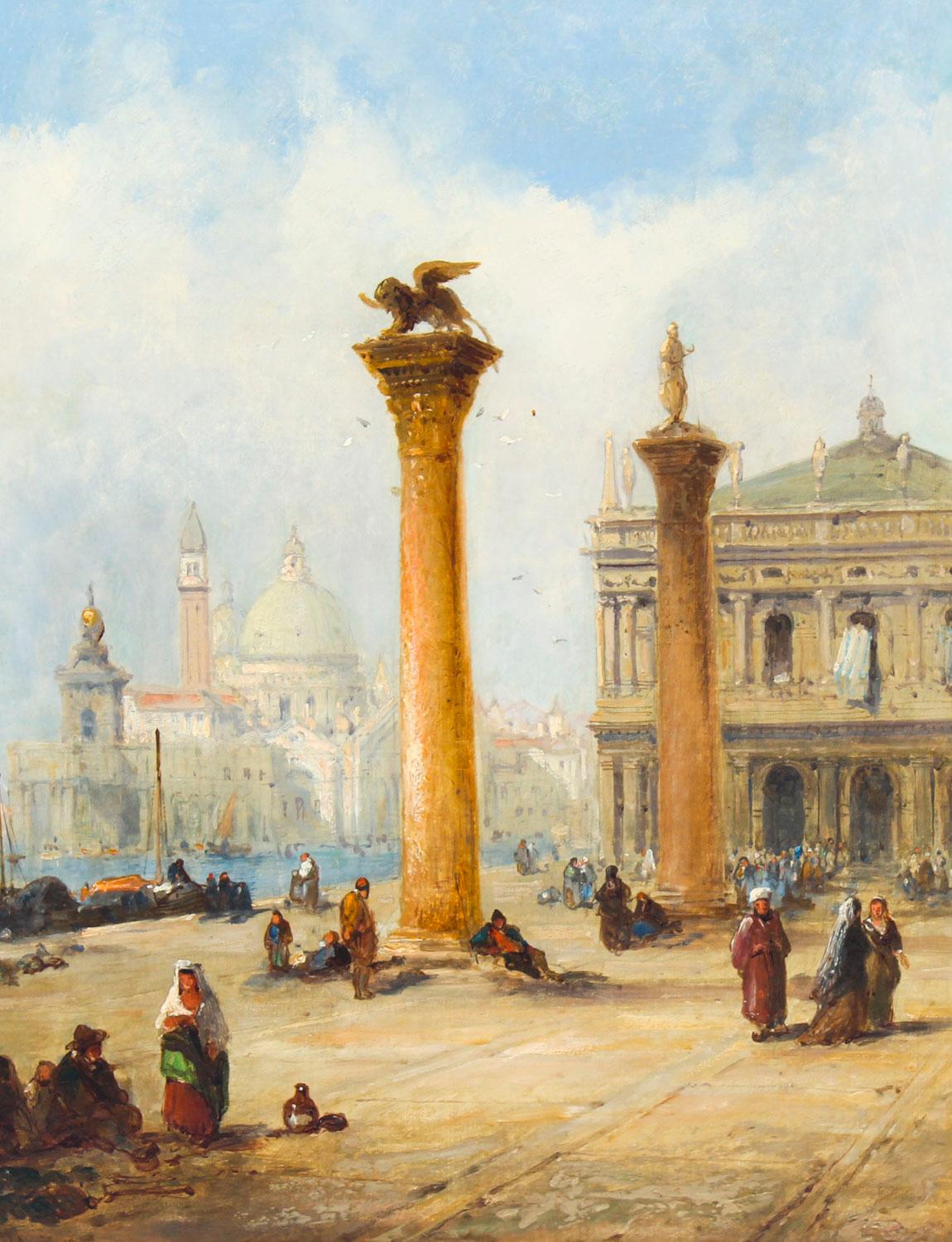 This lovely oil on canvas painting by Jane Vivian (Active 1869-1890) beautifully captures the Columns of San Marco and San Teodoro Venice signed on the lower right.

The painting delightfully presents the view of Marciana Library with the Columns of