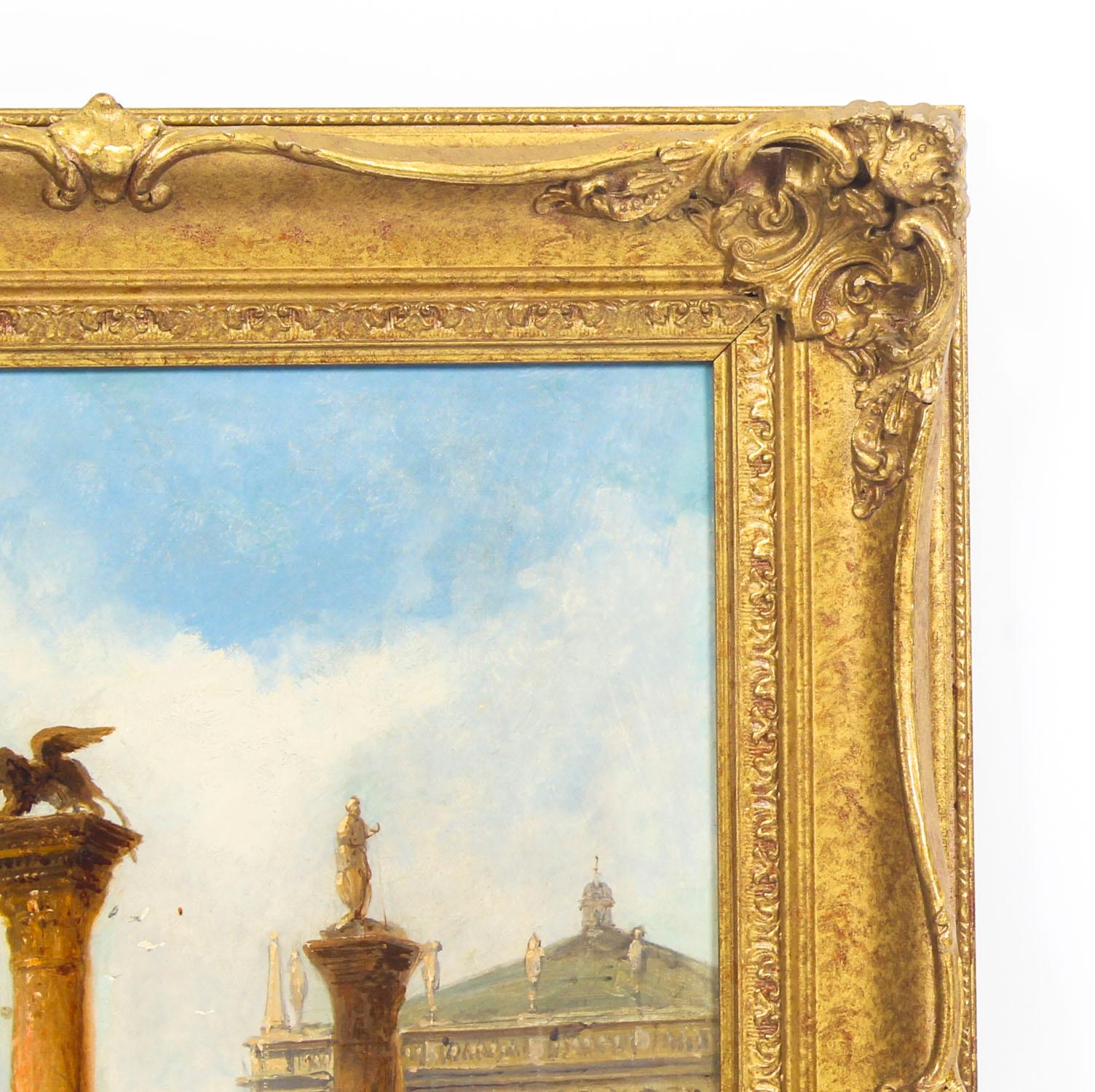 English Antique Oil Painting The Columns of St. Marks Square J.Vivian, 19th Century