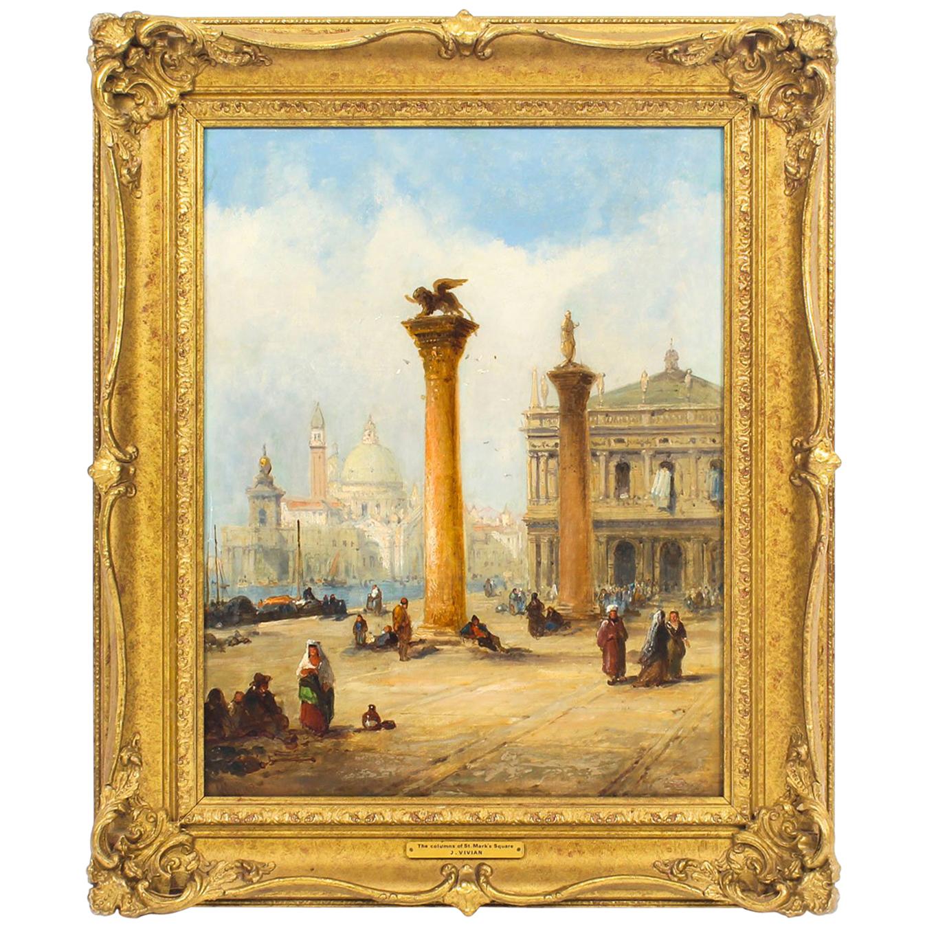 Antique Oil Painting The Columns of St. Marks Square J.Vivian, 19th Century