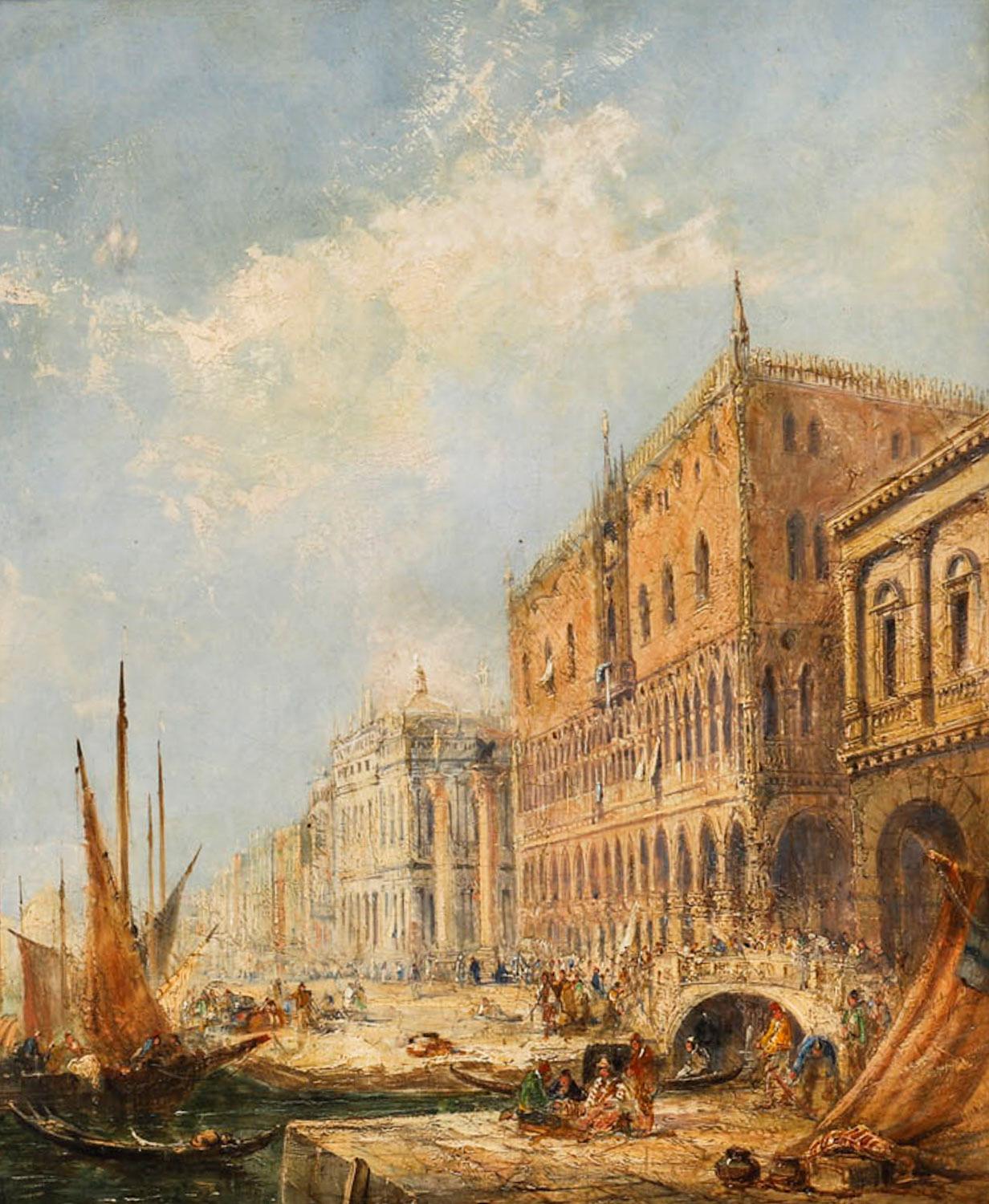 Questo bellissimo dipinto a olio su tela di Jane Vivian (attiva tra il 1869 e il 1890) cattura una splendida scena veneziana, il Palazzo dei Dogi, datata circa 1880.

Il Palazzo dei Dogi è un palazzo costruito in stile gotico veneziano e uno dei