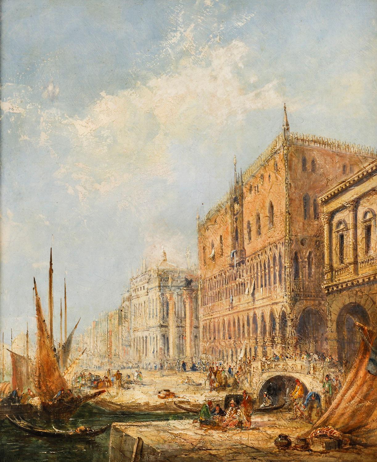Inglese Antico dipinto a olio Il Palazzo dei Dogi Venezia Jane Vivian XIX secolo in vendita
