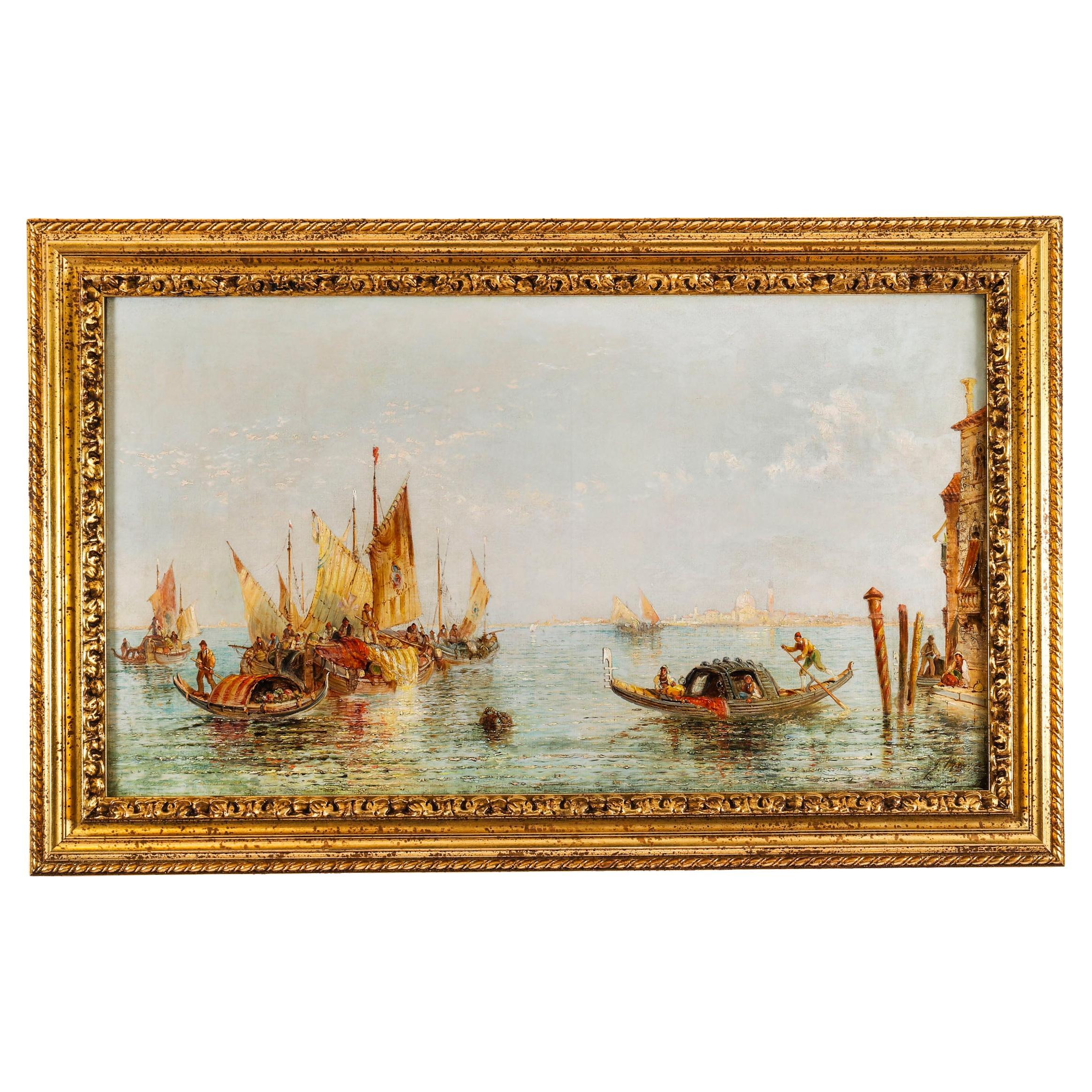 Pittura ad olio antica "La laguna di Venezia" Jane Vivian XIX secolo