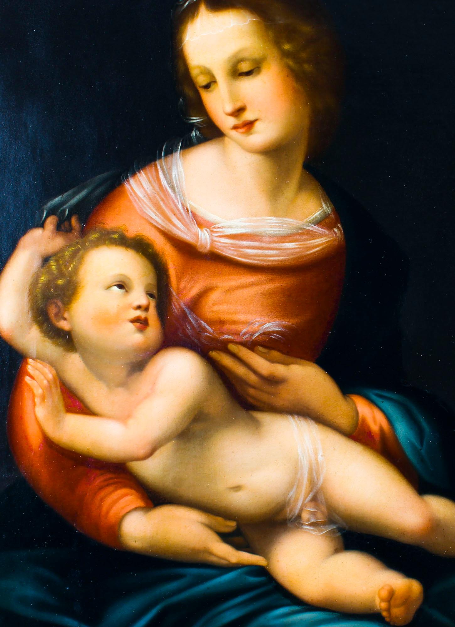 This is a striking antique oil on canvas of 'The Mother and Child' in the manner of the old master Renaissance paintings, by the skilled Florentine artist, Egisto Manzuoli signed verso, dating from the late 19th century.

Similarly to the old master