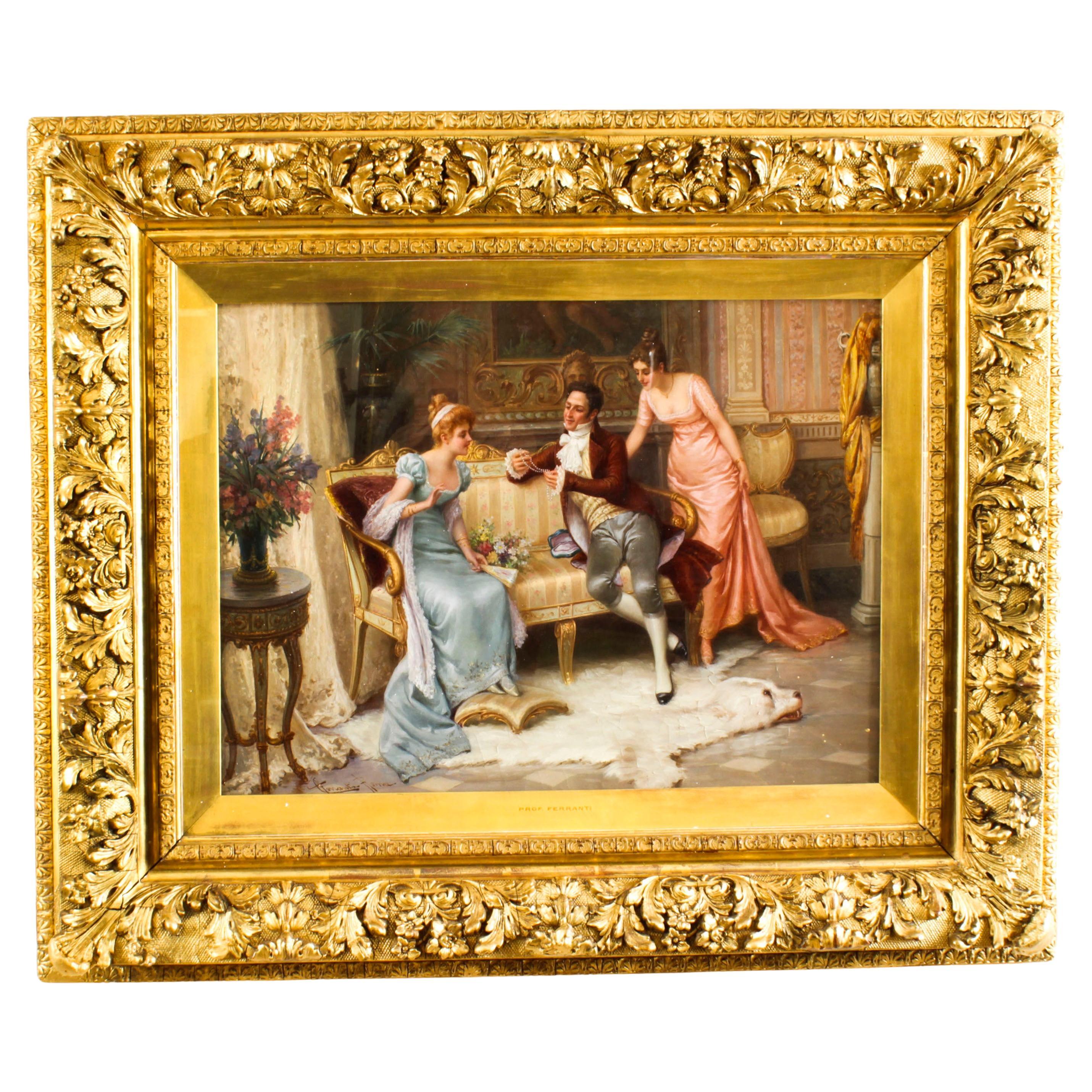 Antique Oil Painting "The Necklace" C Ferranti Roma 19th C
