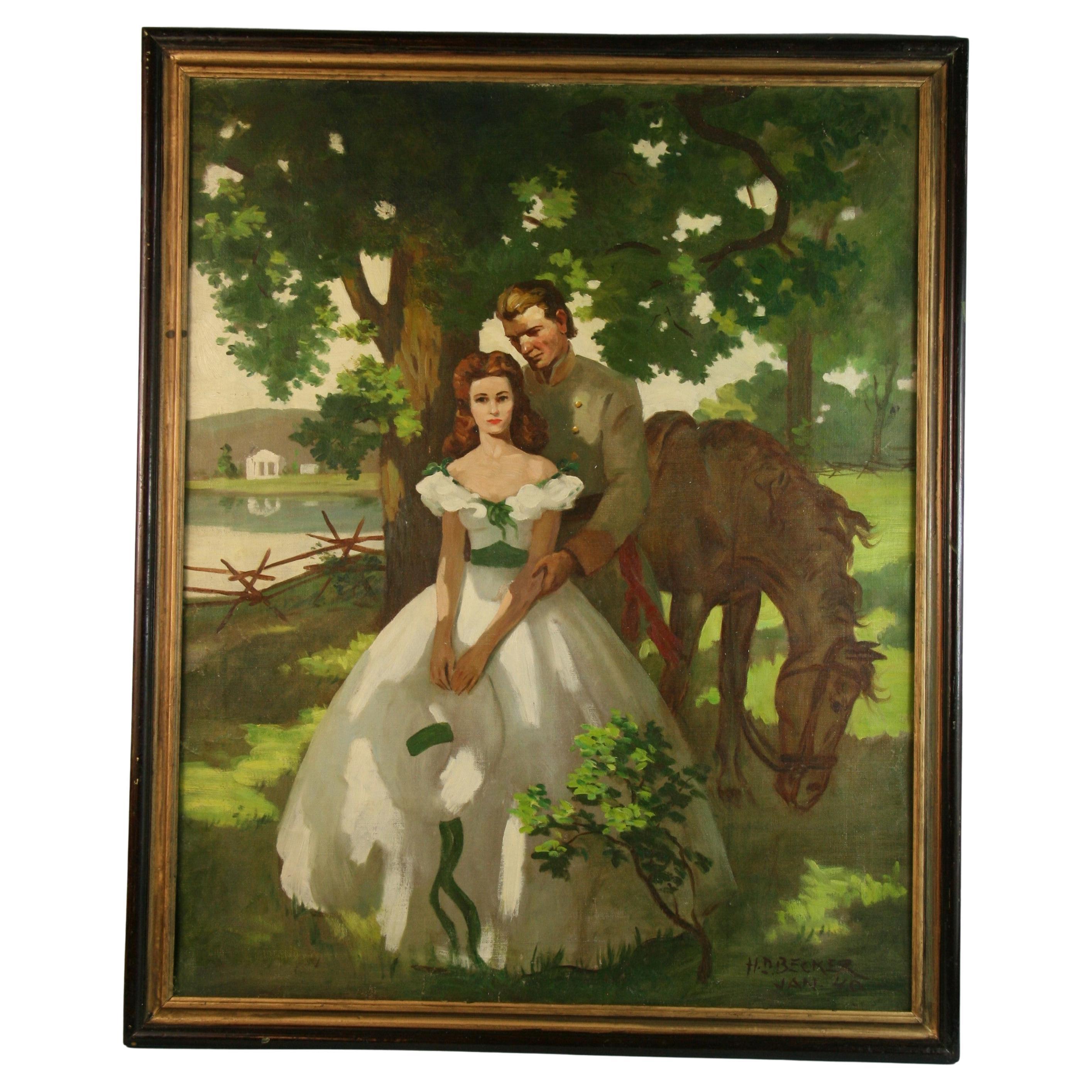Pittura ad olio antica "Il vecchio Sud durante la guerra civile" di H. D. A. Becker 1940