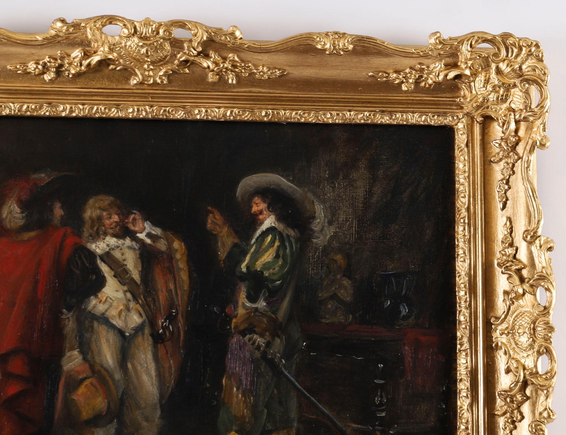 Peinture à l'huile ancienne Trois Cavaliers par Frank Moss Bennett 20ème siècle en vente 5