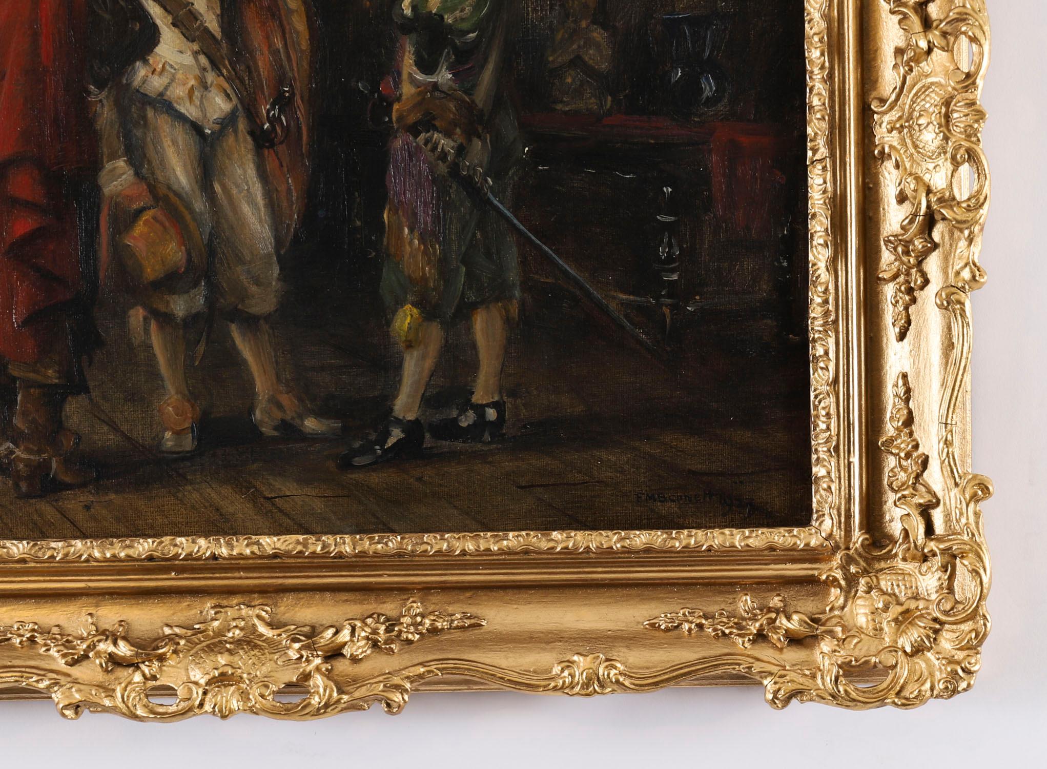 Peinture à l'huile ancienne Trois Cavaliers par Frank Moss Bennett 20ème siècle en vente 6