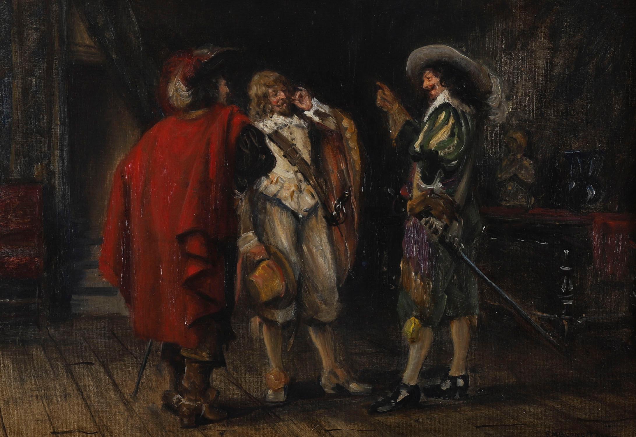 Anglais Peinture à l'huile ancienne Trois Cavaliers par Frank Moss Bennett 20ème siècle en vente
