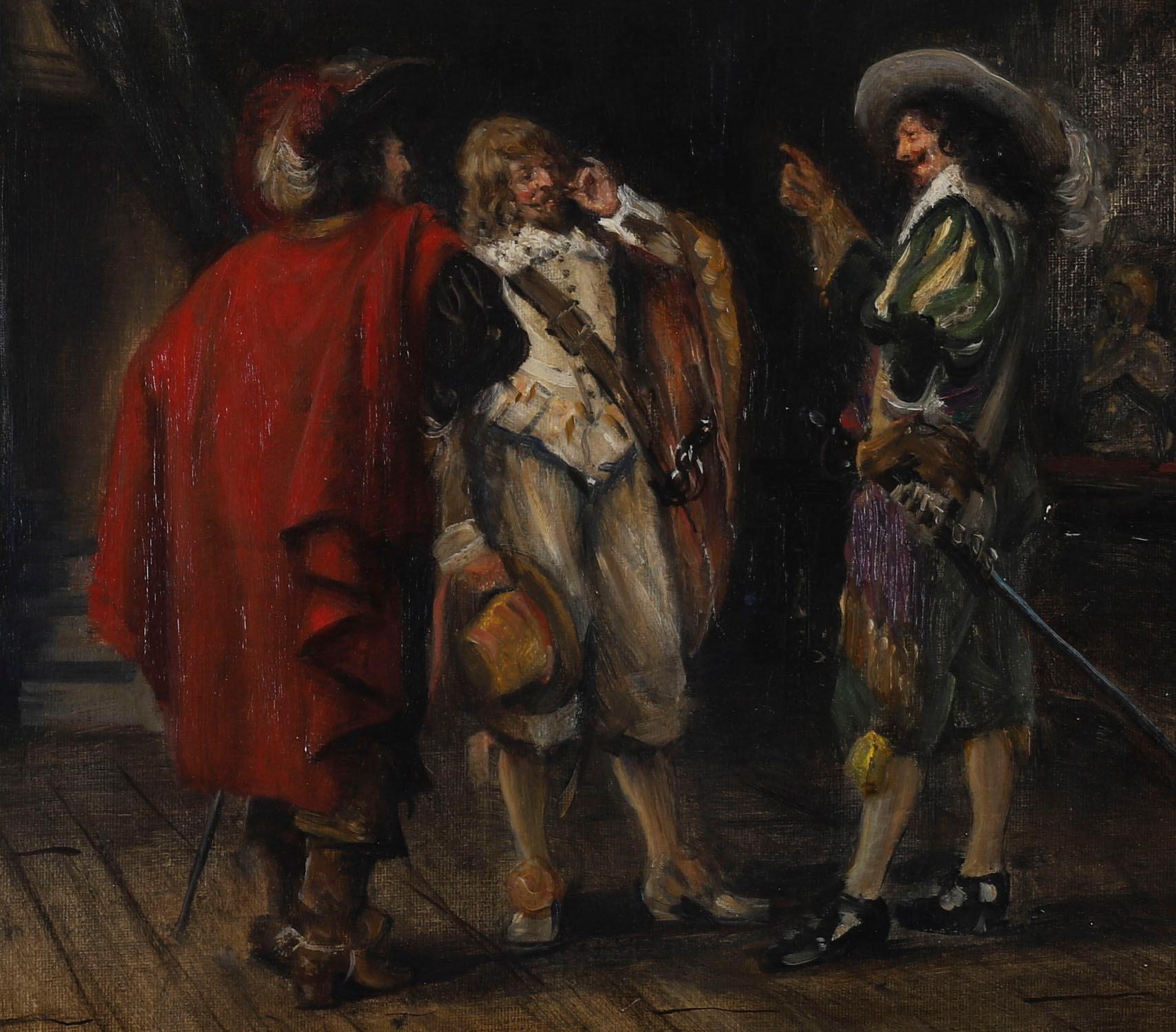 Sculpté Peinture à l'huile ancienne Trois Cavaliers par Frank Moss Bennett 20ème siècle en vente