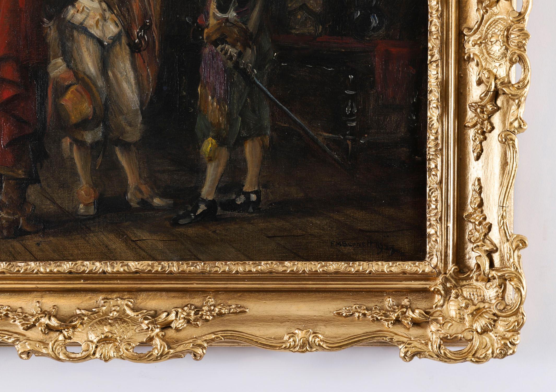 Toile Peinture à l'huile ancienne Trois Cavaliers par Frank Moss Bennett 20ème siècle en vente