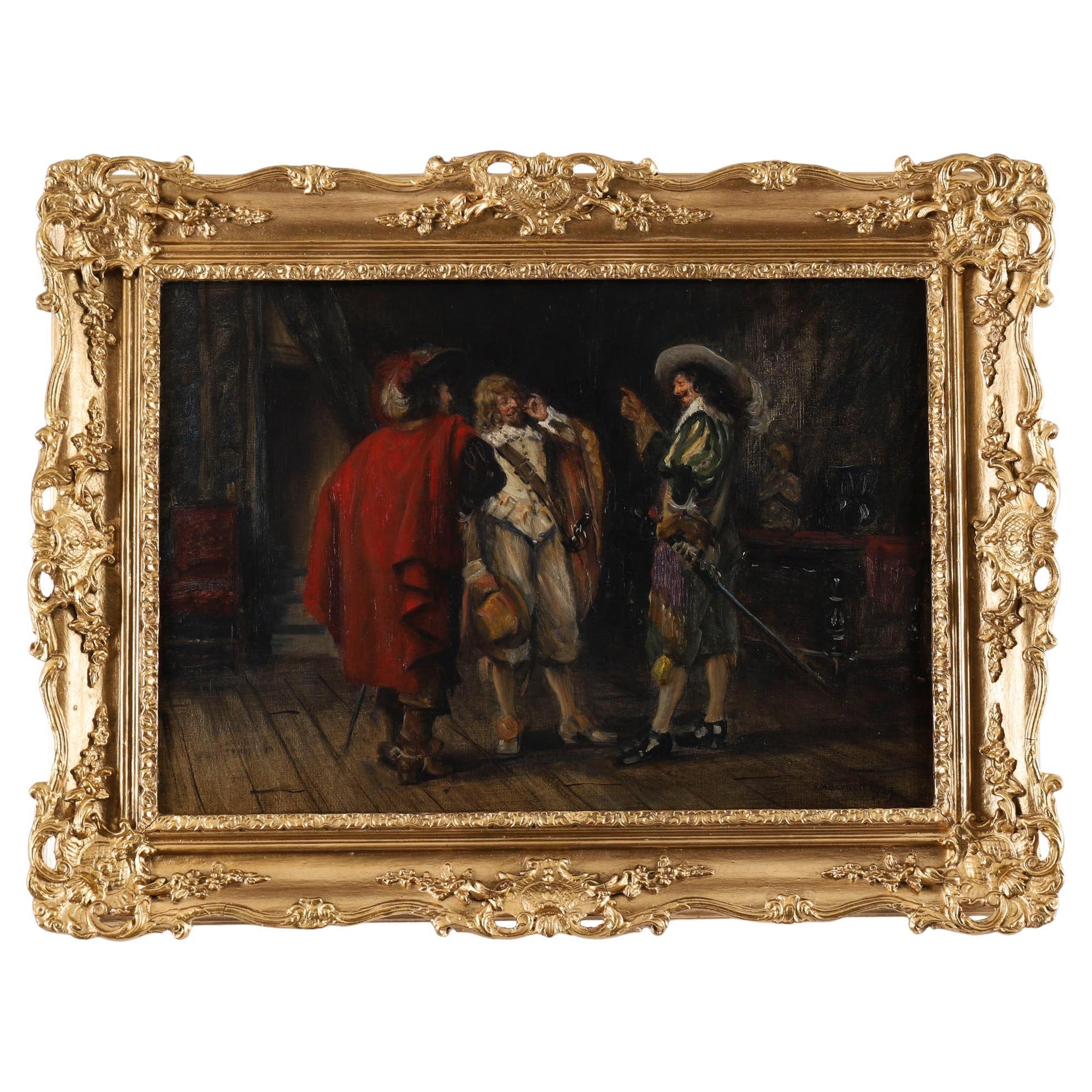 Peinture à l'huile ancienne Trois Cavaliers par Frank Moss Bennett 20ème siècle en vente