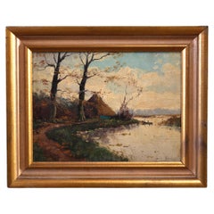 Antique Oil Painting Titled "Lakeside Encampment" Signed William C. Rymer, c1911